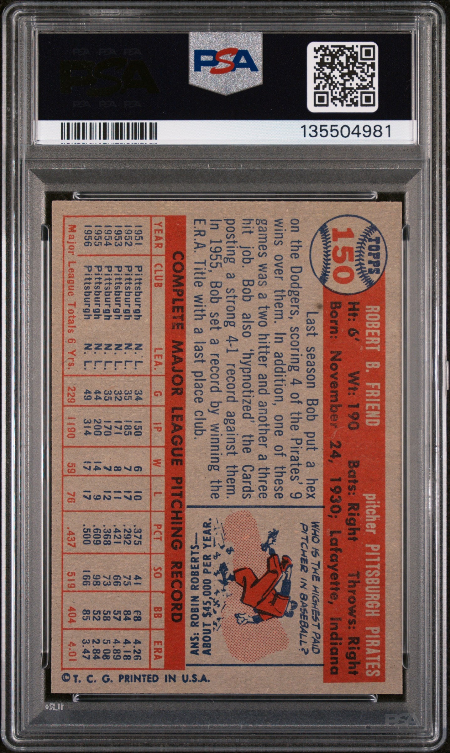 1957 Topps Bob Friend #150 PSA 7