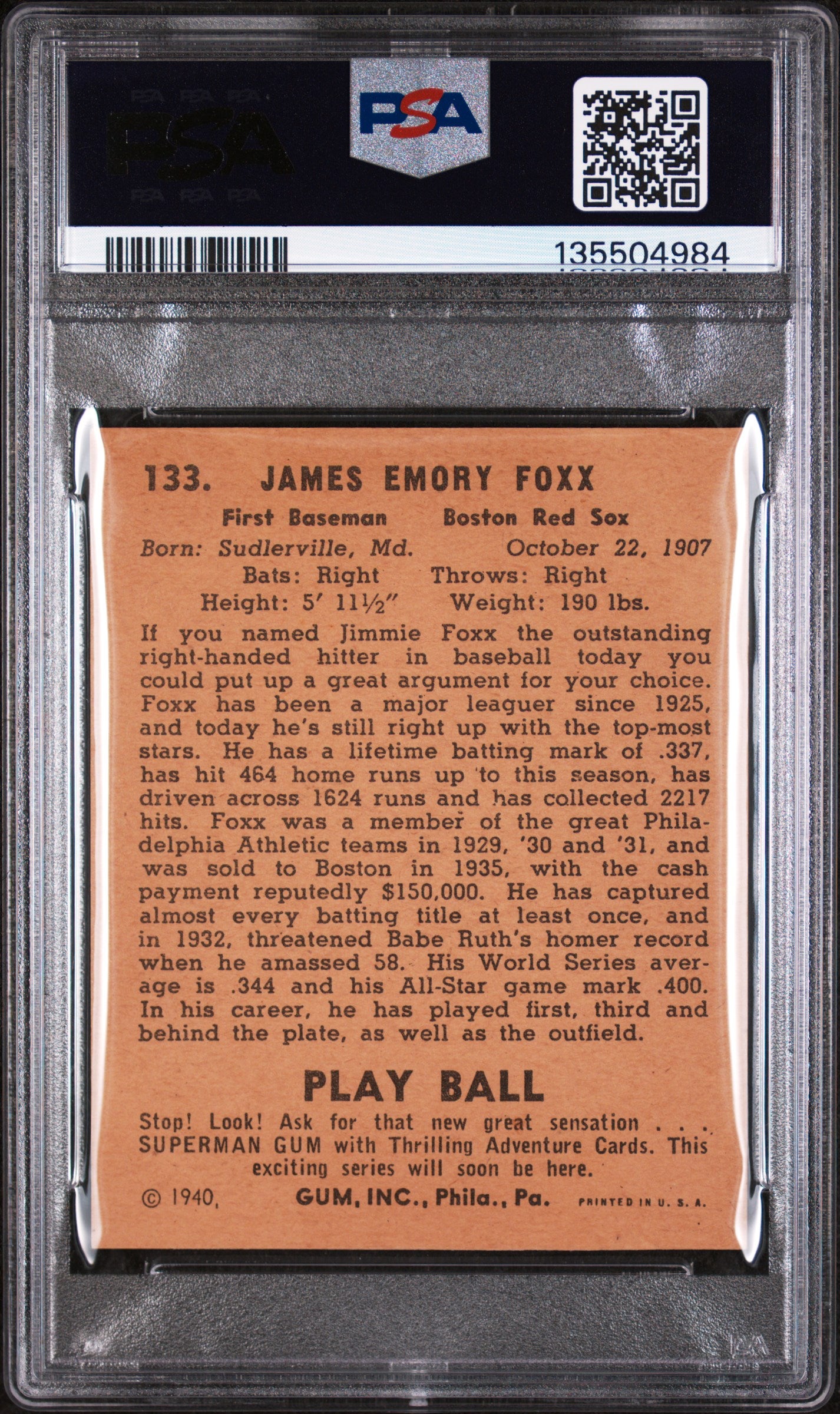 1940 Play Ball Jimmie Foxx #133 PSA 4