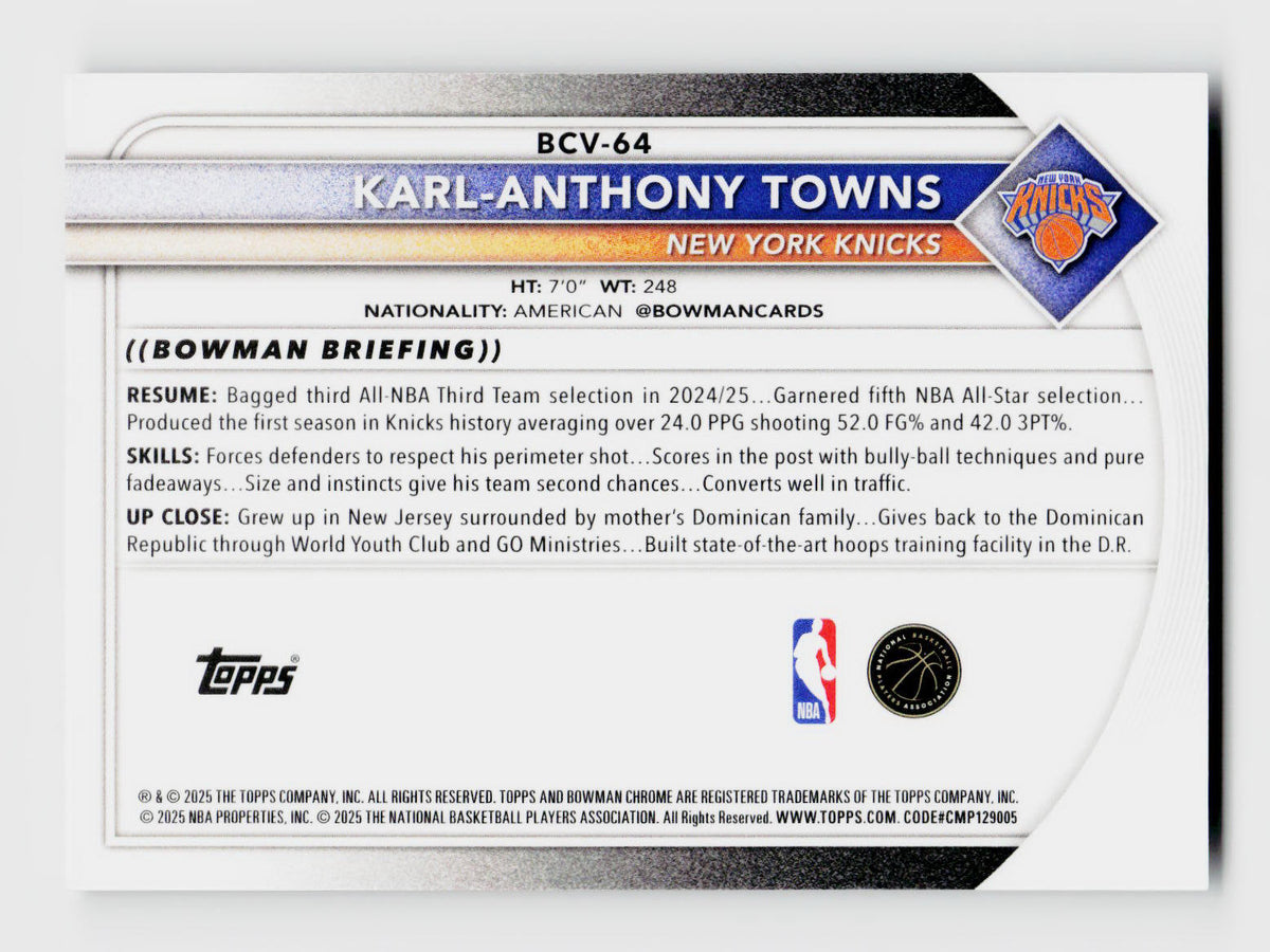 2025-26 Bowman Chrome Karl-Anthony Towns #BCV-64 Black Refractor /10