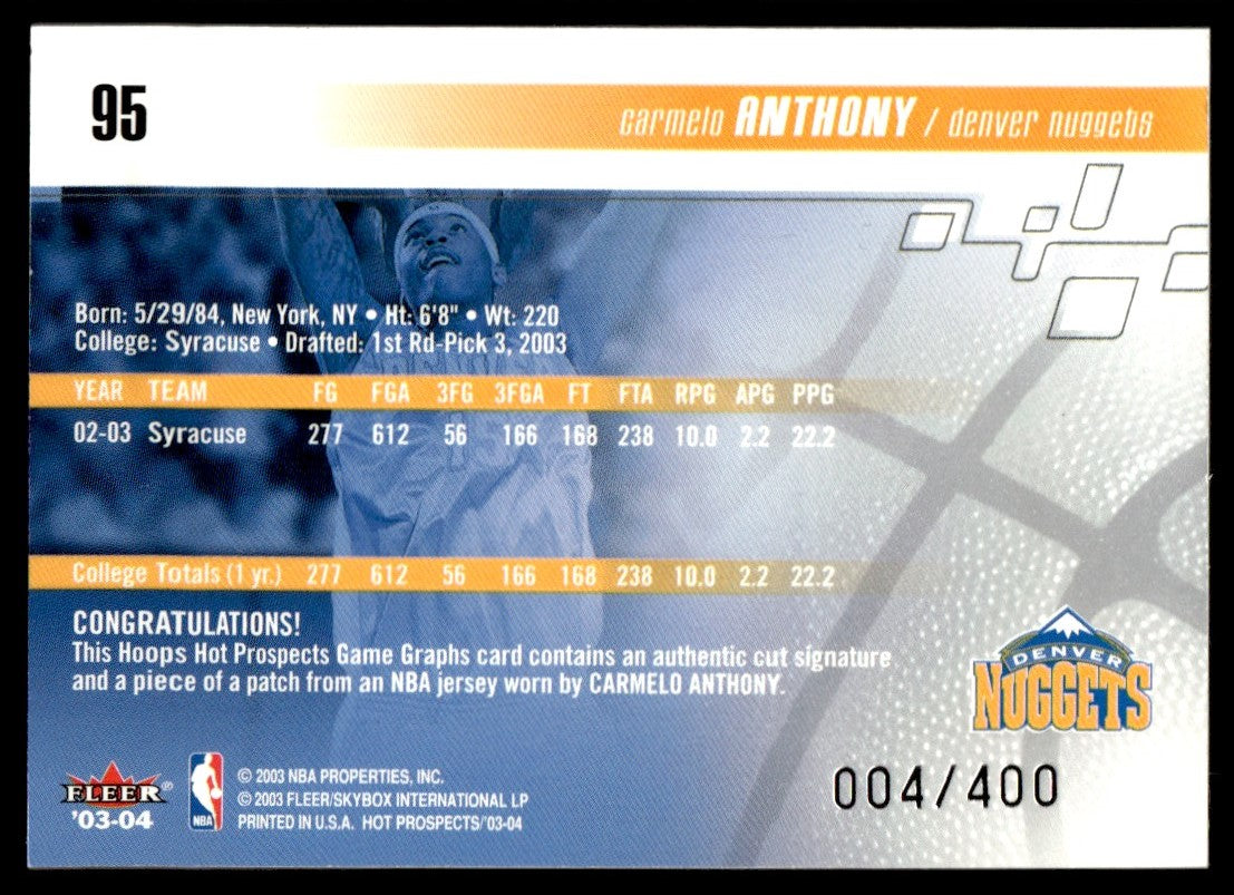 2003 Fleer Hoops Hot Prospects #95 Carmelo Anthony Game Graphs Patch Auto /400