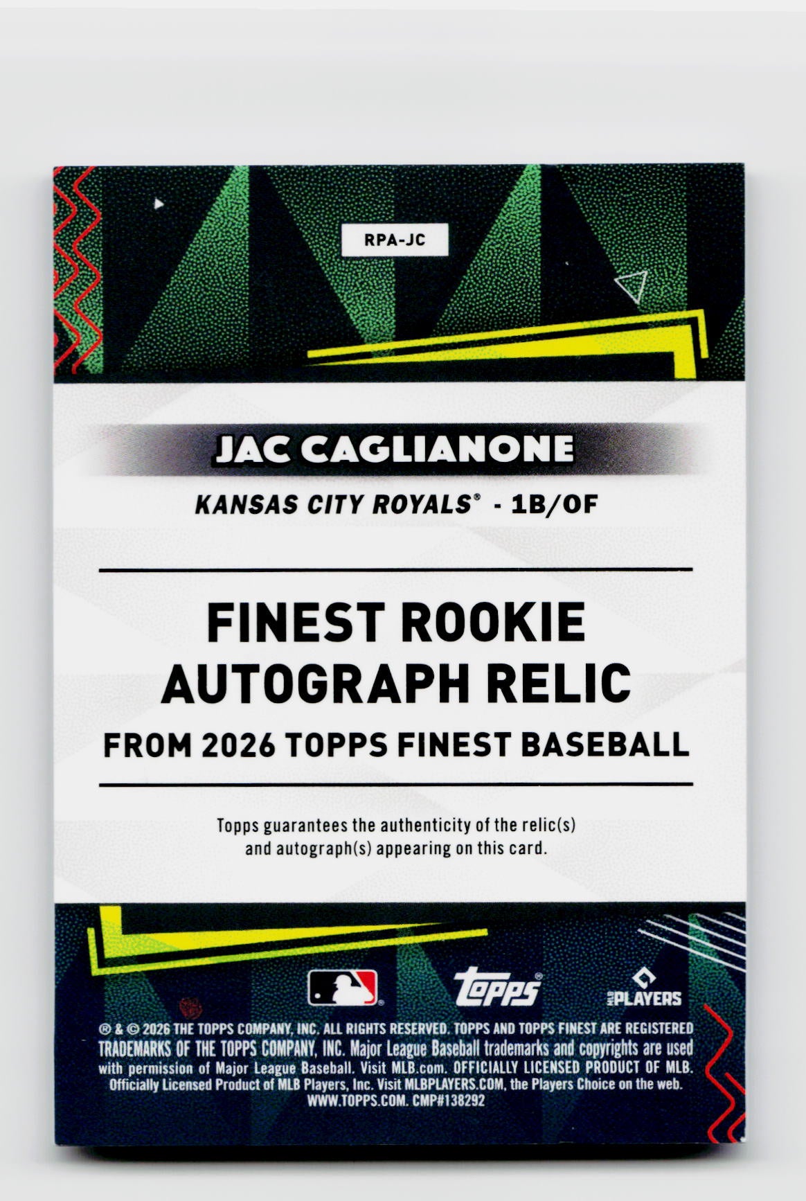 2026 Finest #RPA-JC Jac Caglianone Purple Rookie Patch Auto /75