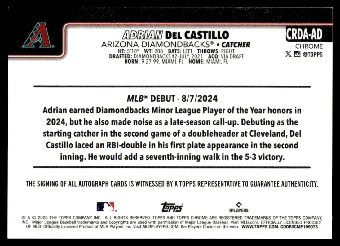 2025 Topps Chrome Adrian Del Castillo Rookie Debut Red Auto SSP RC /5