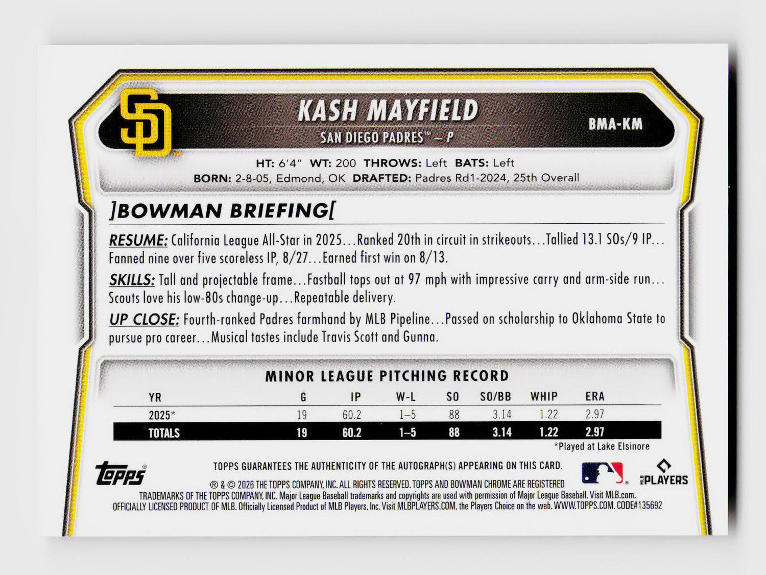 2026 Bowman Chrome #BMA-KM Kash Mayfield Mega Box Red Mojo SSP Auto /5