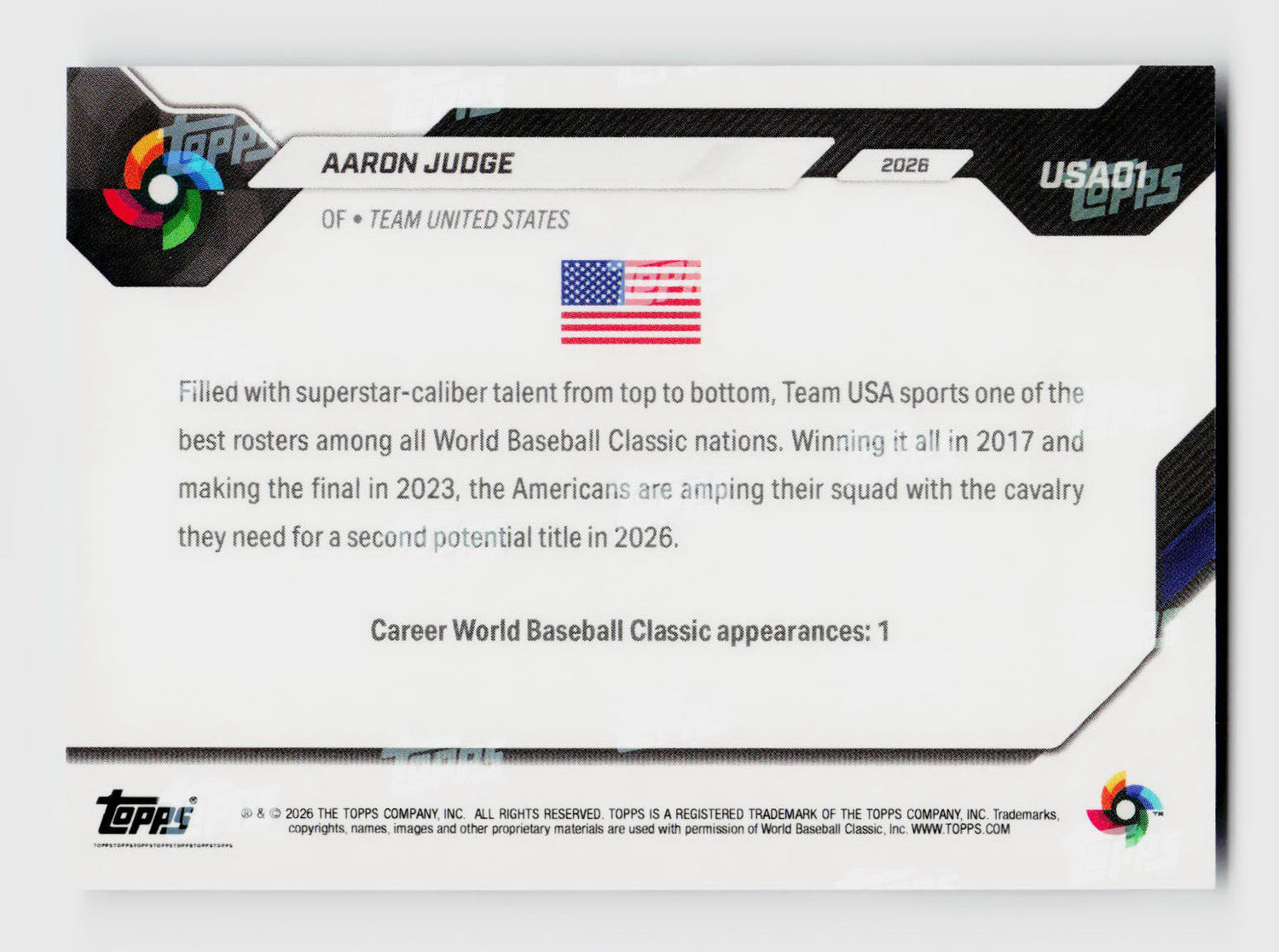 2026 Topps Now #USA01 Aaron Judge World Baseball Classic WBC Logo Refractor