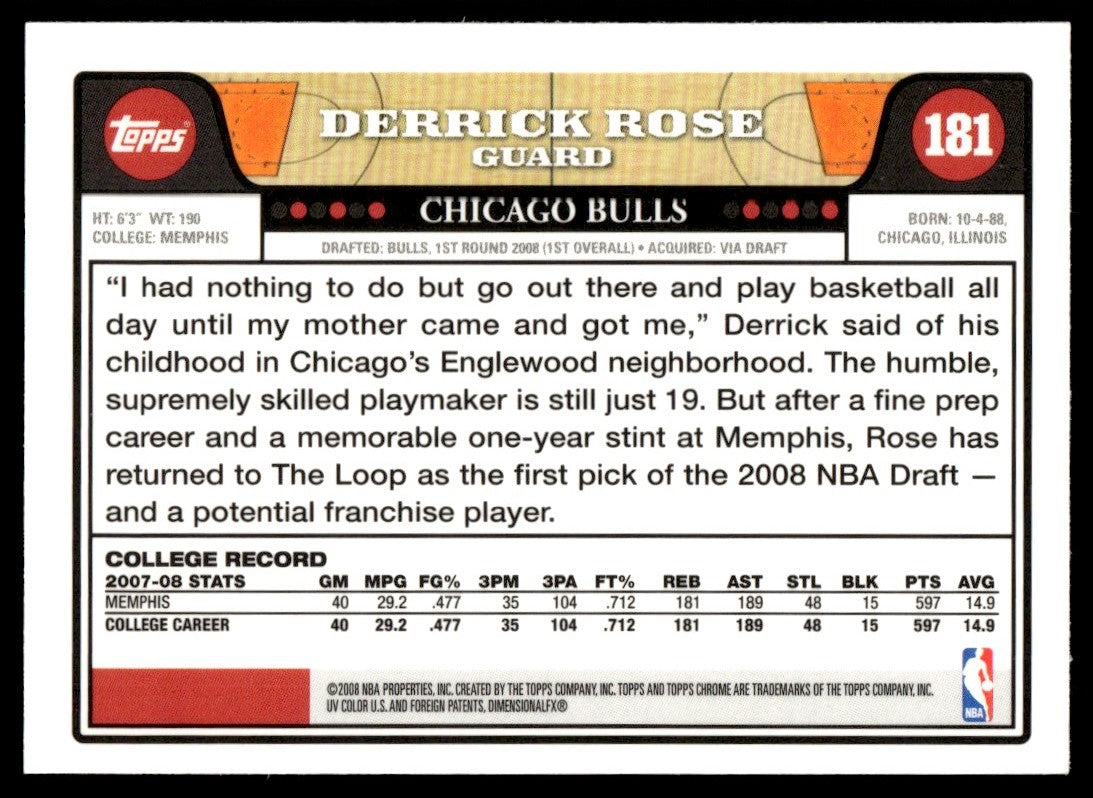 2008 Topps Chrome #181 Derrick Rose Rookie RC