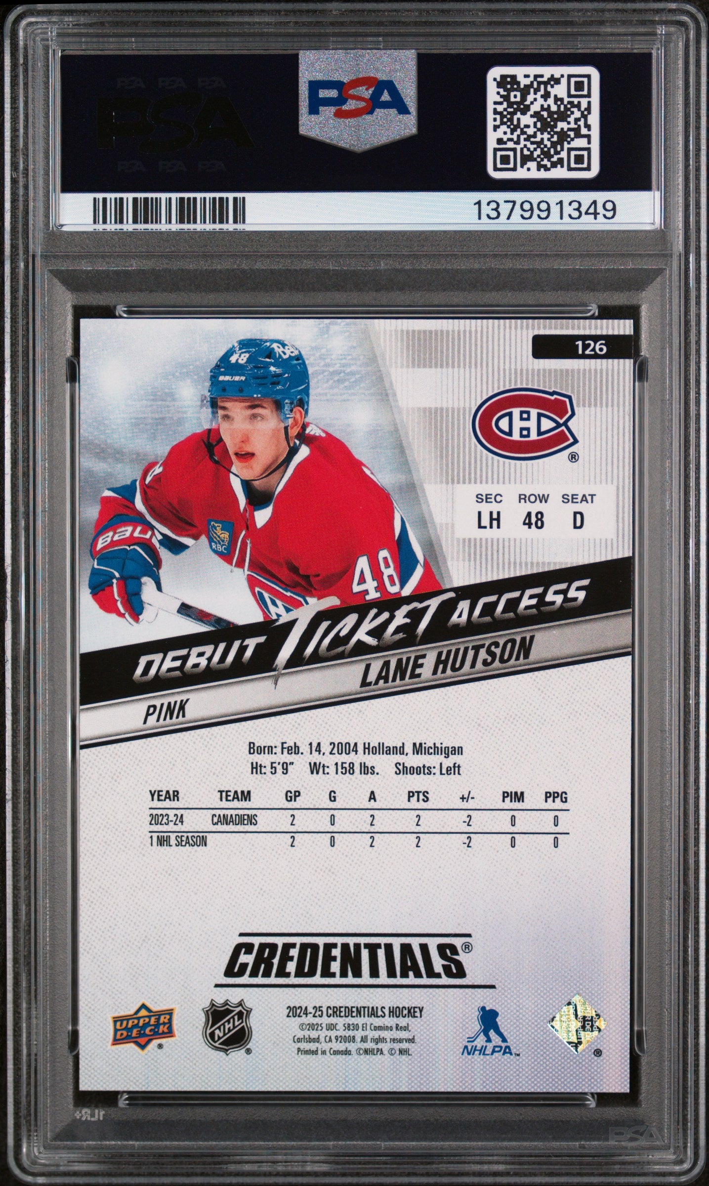 2024 Upper Deck Credentials Pink Lane Hutson #126 /50 PSA 10