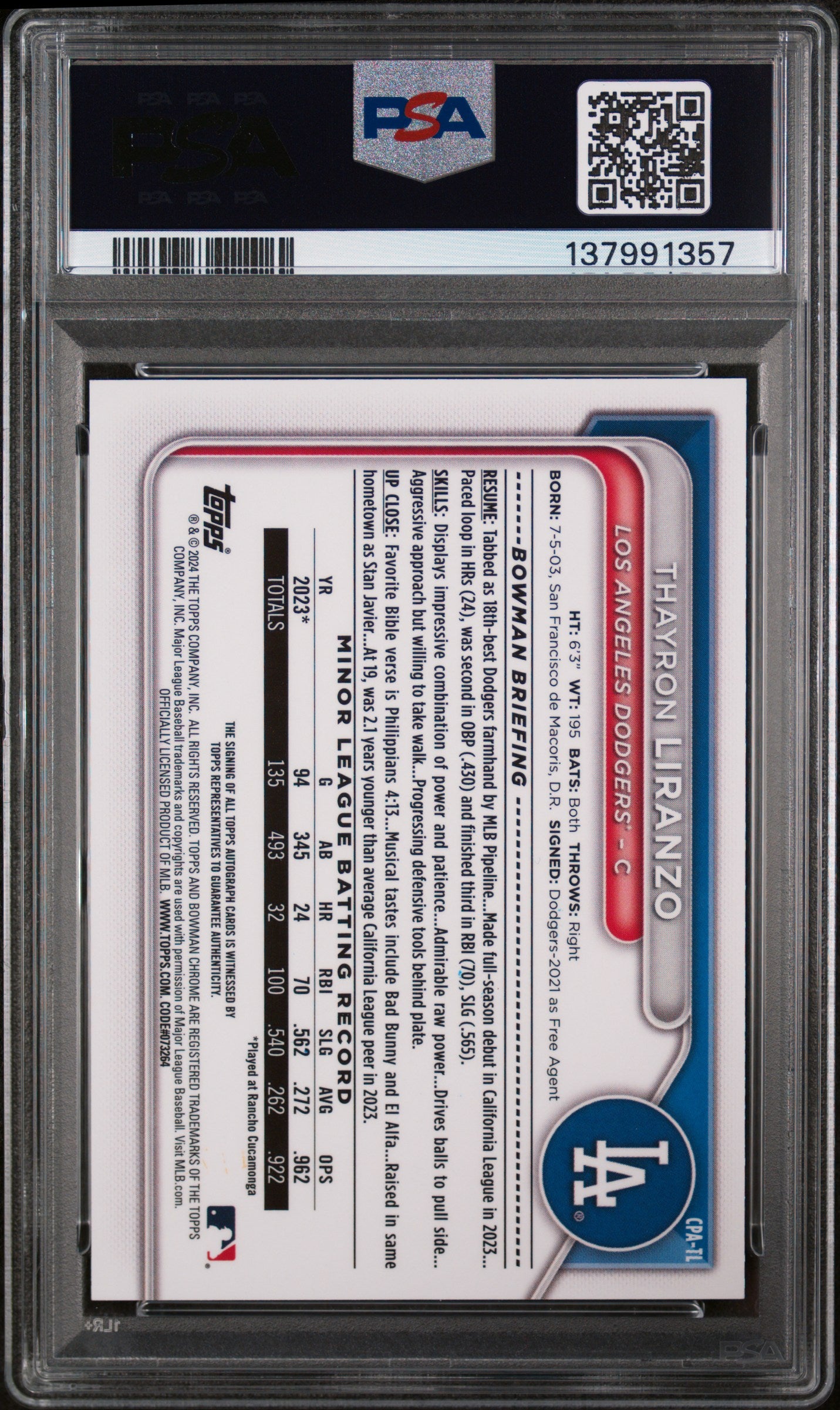 2024 Bowman Chrome Prospect Autographs Prospect Auto-Speckle Ref Thayron Liranzo #CPATL /299 PSA 10