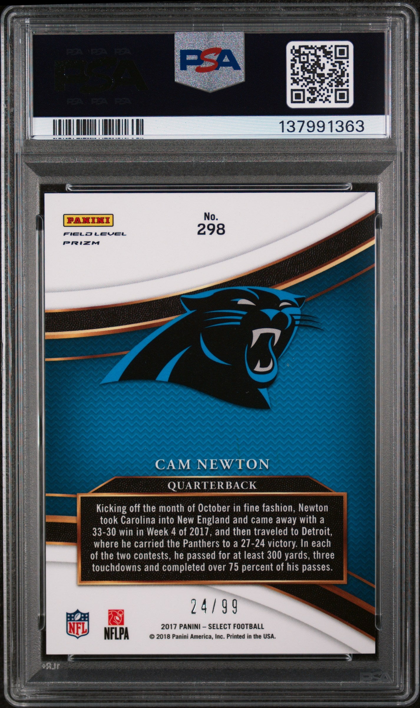 2017 Panini Select Prizm Tri Color Cam Newton #298 /99 PSA 10