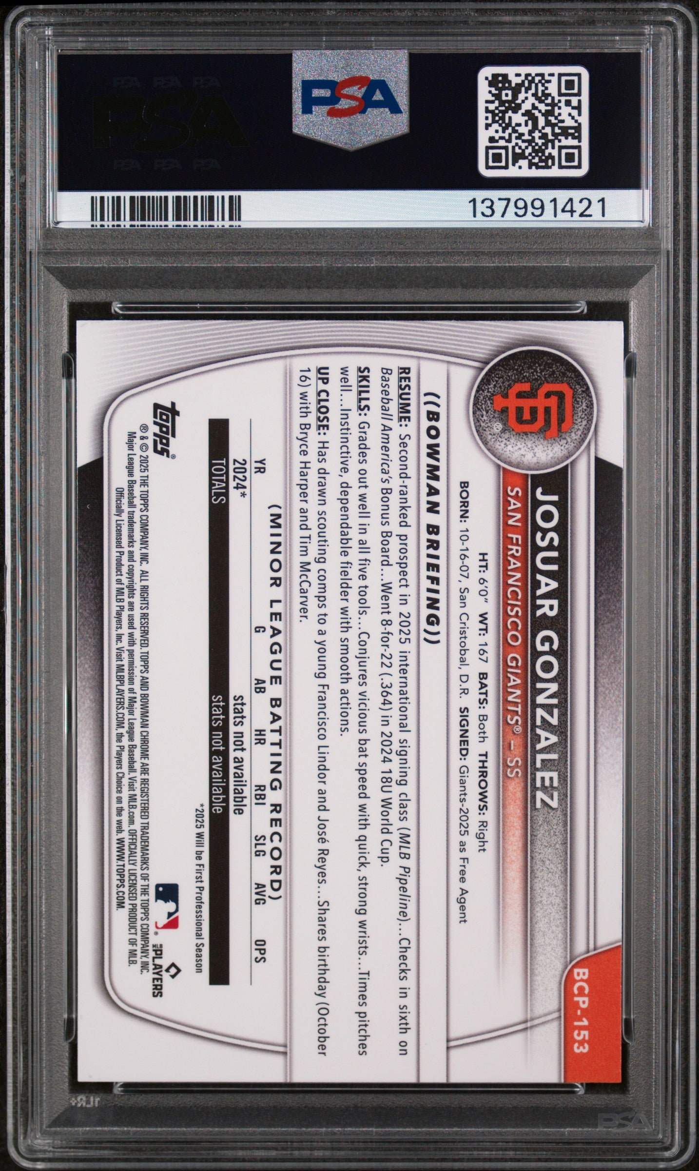 2025 Bowman Chrome Mega Box Chrome Prospects Blue Refractor Josuar Gonzalez #153 /150 PSA 8