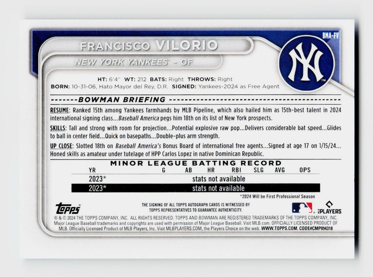 2024 Bowman Chrome Prospects Francisco Vilorio Mojo Image Variation Auto /150