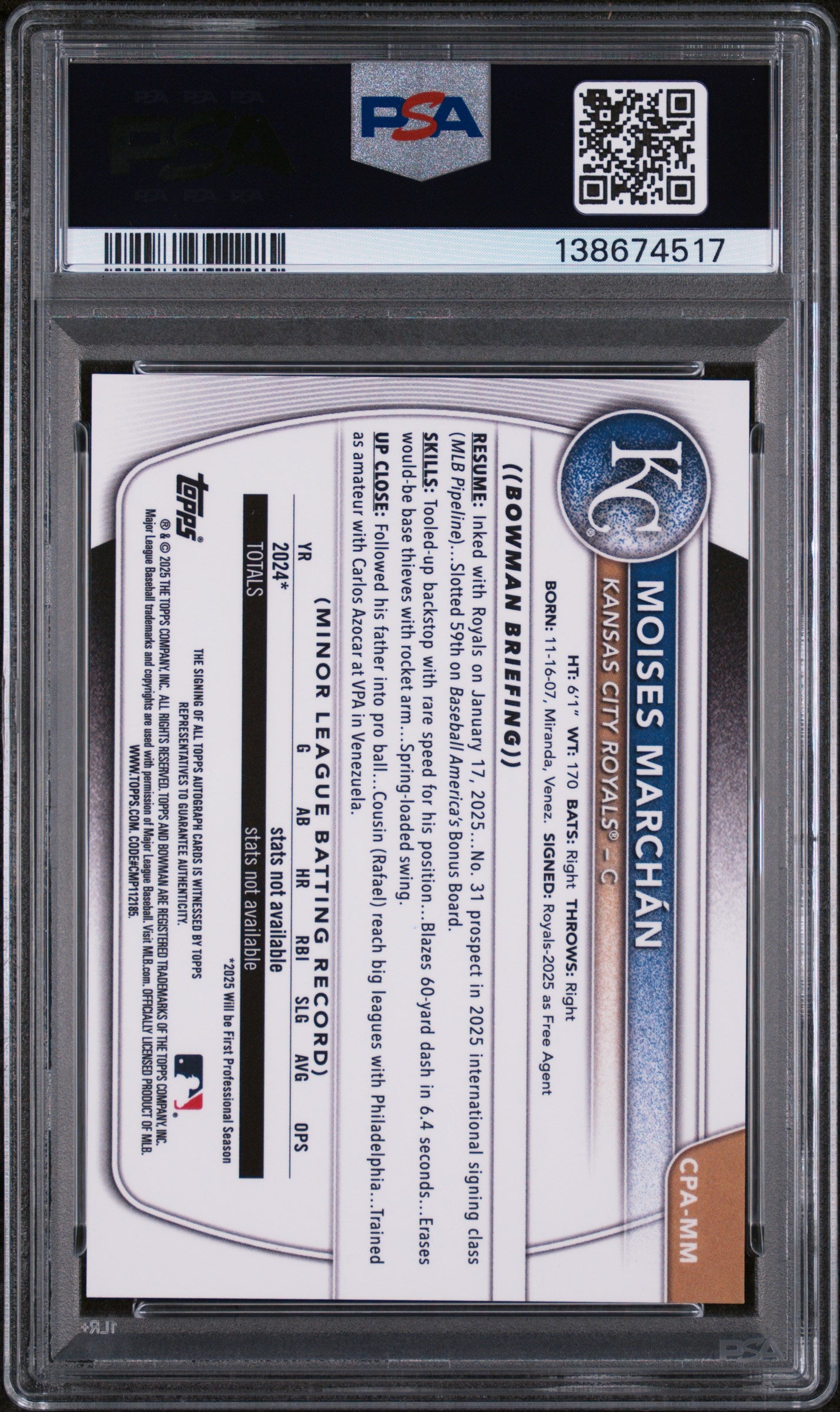 2025 Bowman Chrome Prospect Autograph Green Lava Refractor Moises Marchan #CPAMM /99 PSA 8