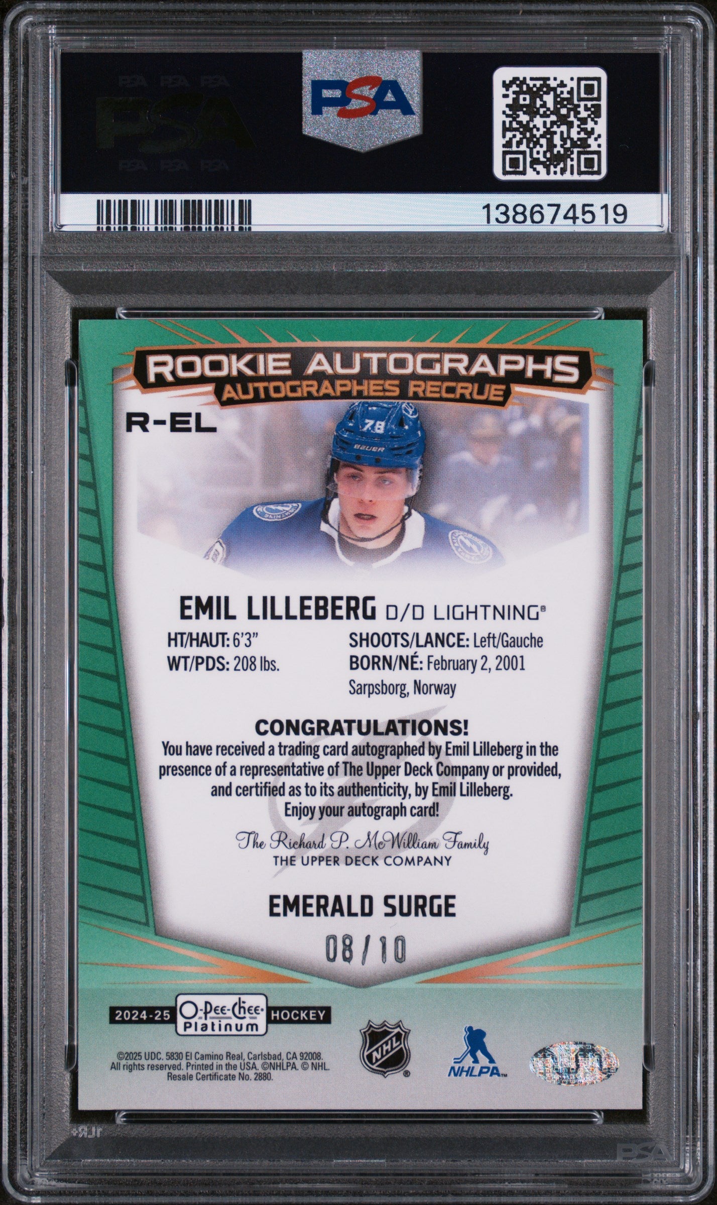 2024 Upper Deck O-Pee-Chee Platinum Rookie Autographs Emerald Surge Emil Lilleberg #REL /10 PSA 10