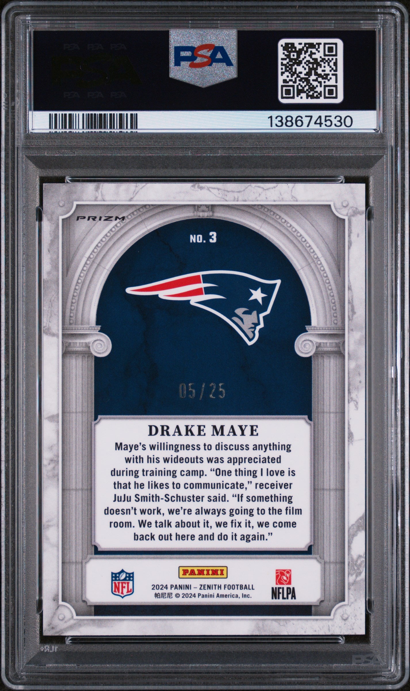 2024 Panini Zenith Z Marquee Blue Drake Maye #3 /25 PSA 8