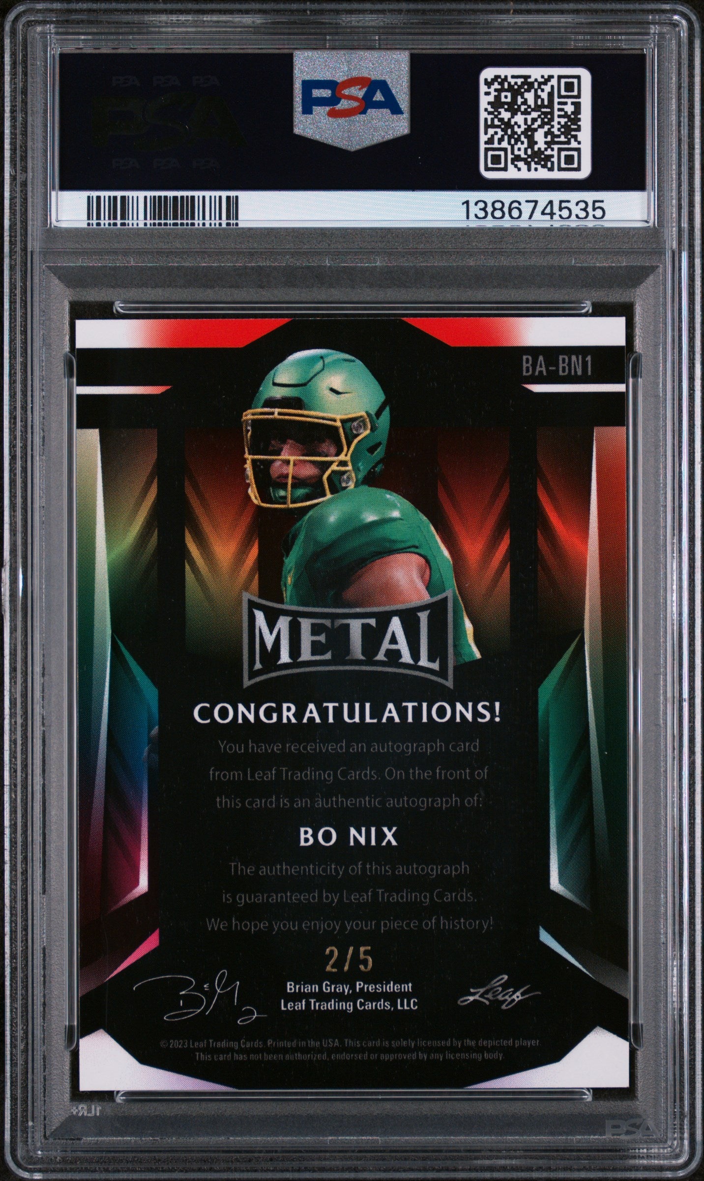 2023 Leaf Metal Autographs Pink Wave Bo Nix #BABN1 /5 PSA 9