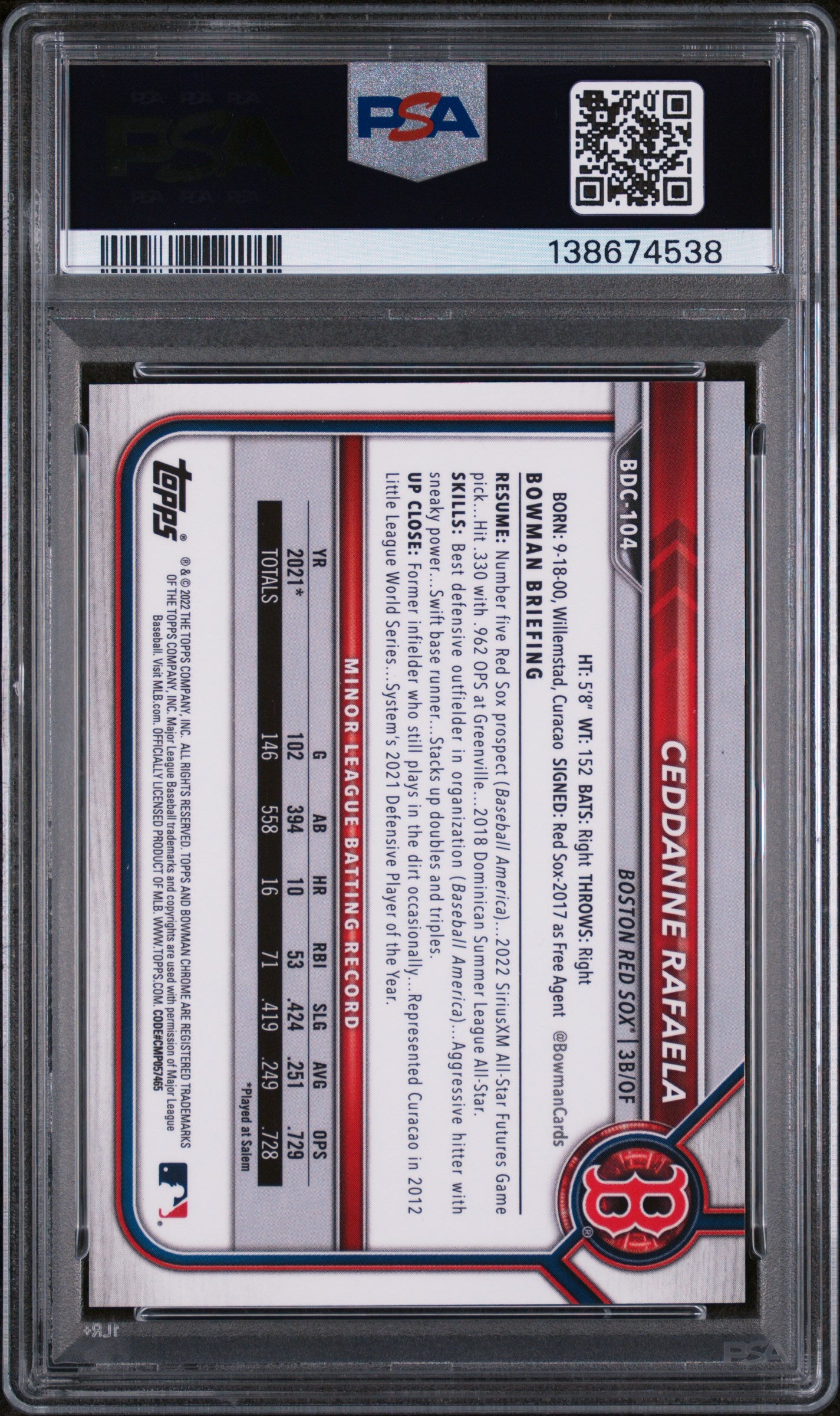 2022 Bowman Draft Sapphire Edition Green Ceddanne Rafaela #104 /50 PSA 9