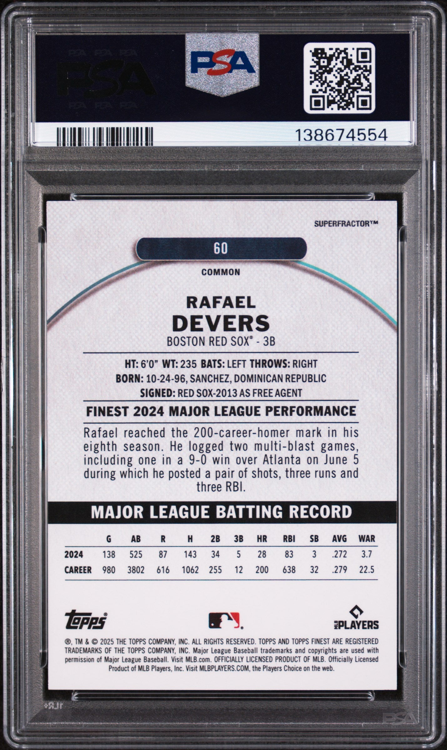 2025 Topps Finest Superfractor 1/1 Rafael Devers #60 PSA 10