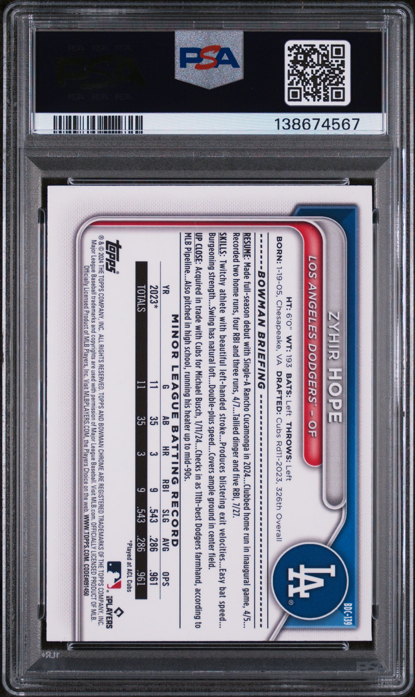 2024 Bowman Draft Sparkle Refractor Zyhir Hope #BDC-139 PSA 8