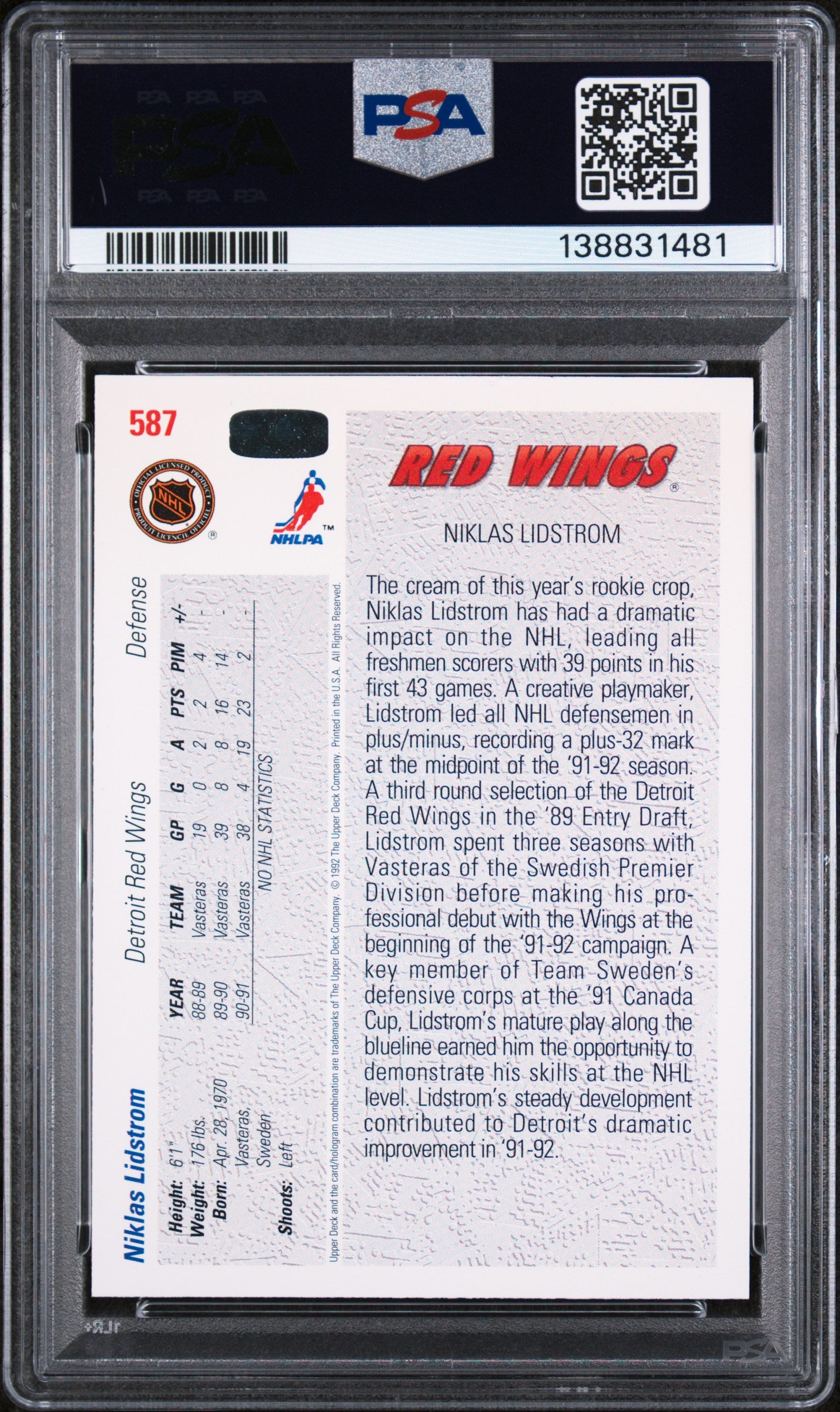 1991 Upper Deck Young Guns Nicklas Lidstrom #587 PSA 9