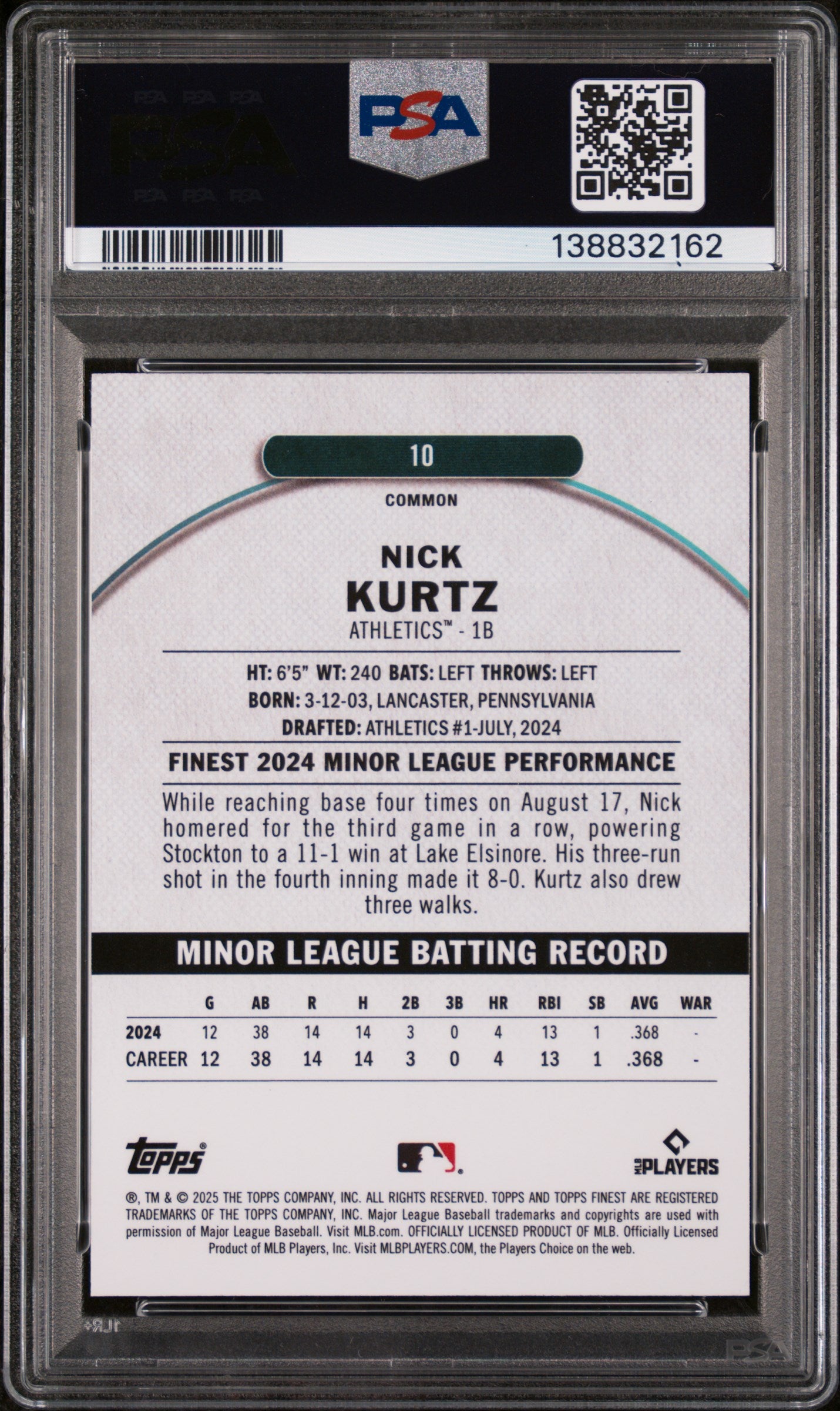 2025 Topps Finest Oil Spill Refractor Nick Kurtz #10 PSA 10