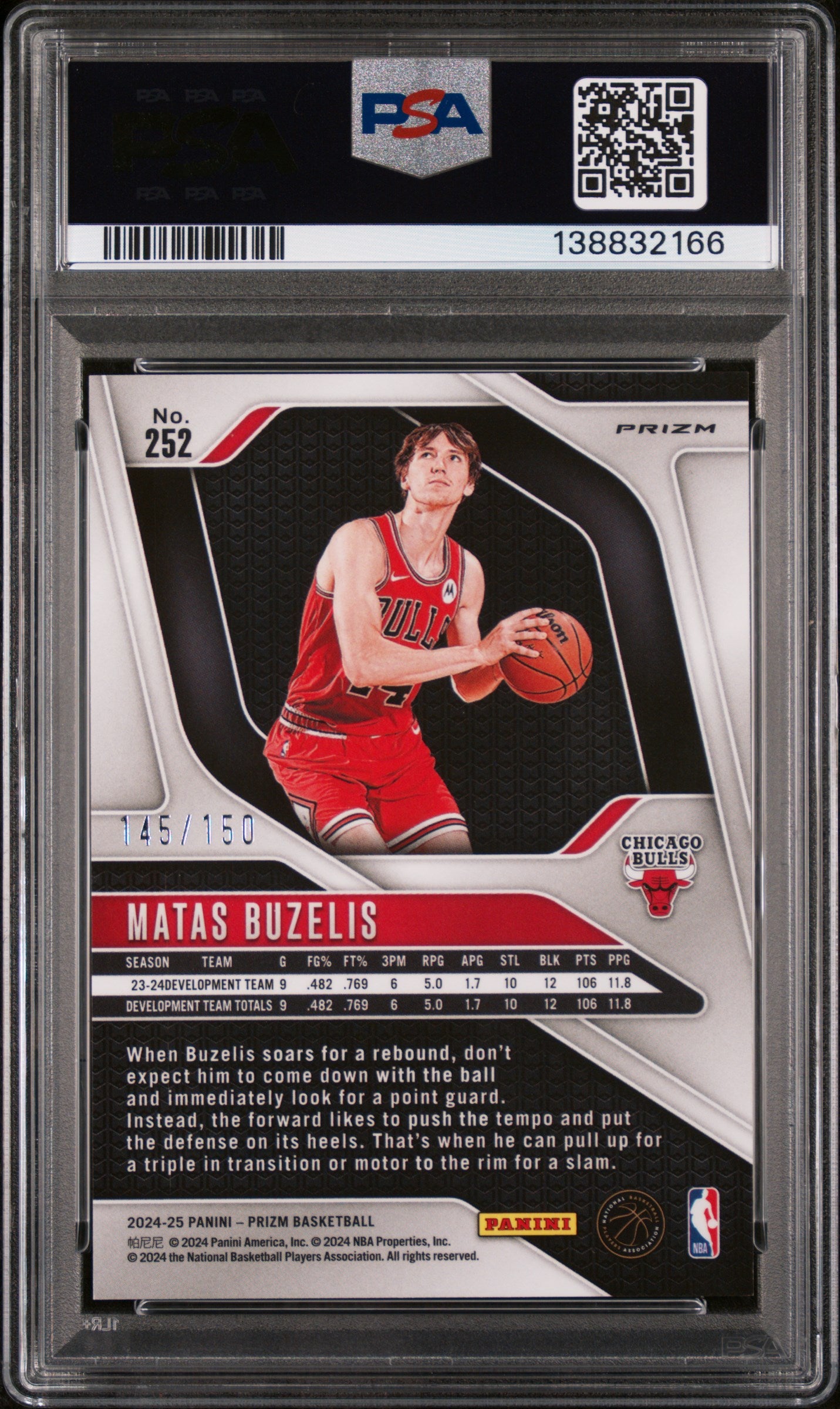 2024 Panini Prizm Prizms Fast Break Blue Matas Buzelis #252 /150 PSA 9