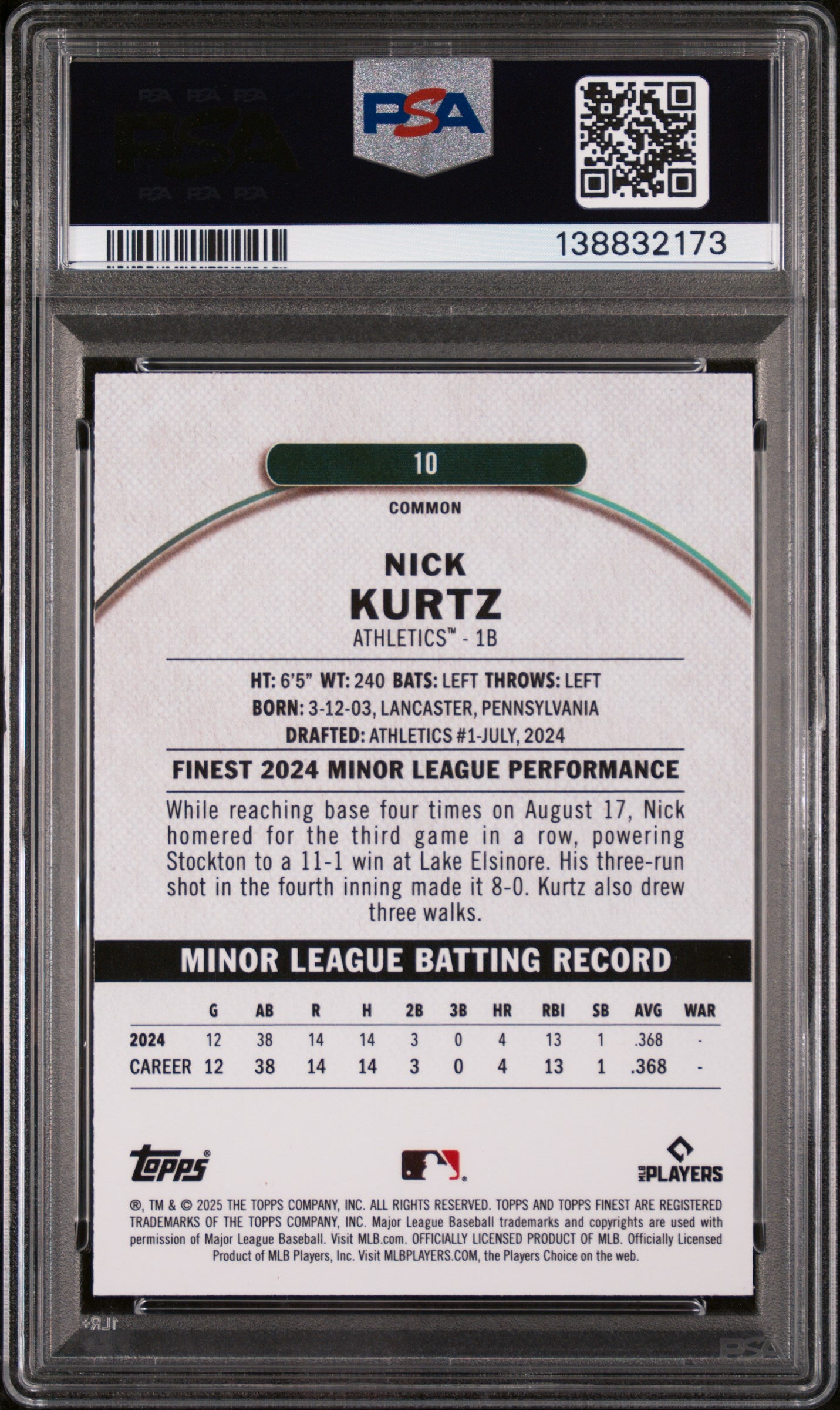 2025 Topps Finest Magenta Refractor Nick Kurtz #10 /350 PSA 7