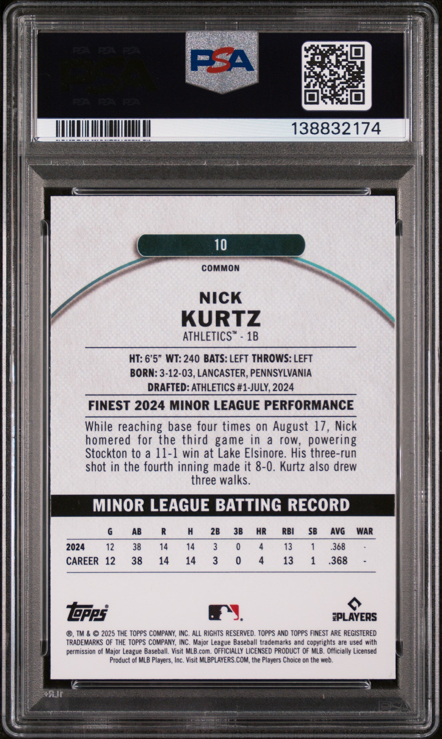 2025 Topps Finest Nick Kurtz #10 PSA 9