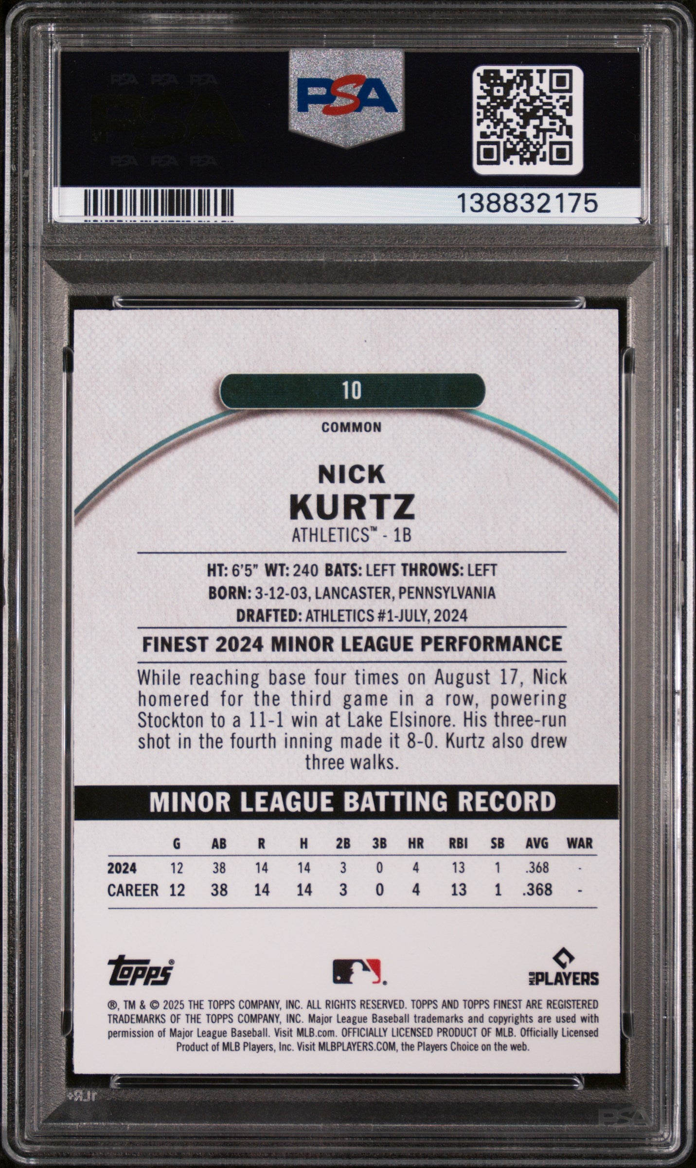 2025 Topps Finest Sky Blue Refractor Nick Kurtz #10 /325 PSA 10