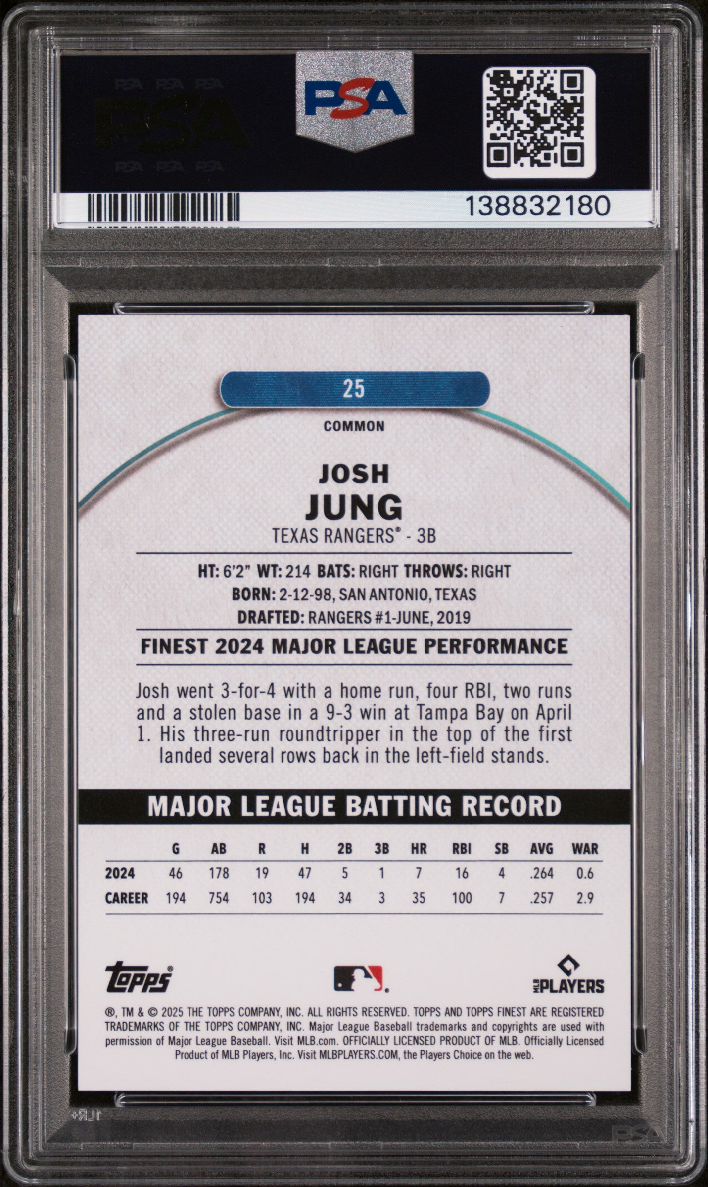 2025 Finest Red Refractor Josh Jung #25 /10 PSA 8