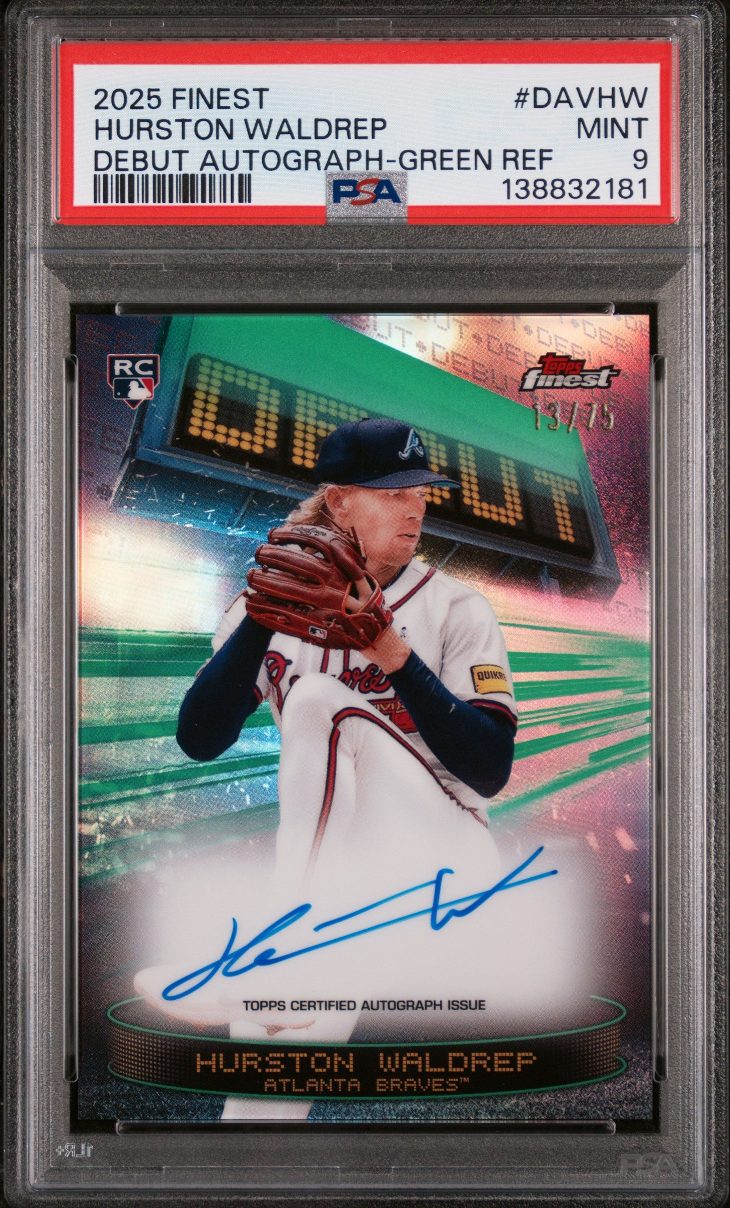 2025 Topps Finest Debut Autographs Green Refractor Hurston Waldrep #DAVHW /75 PSA 9