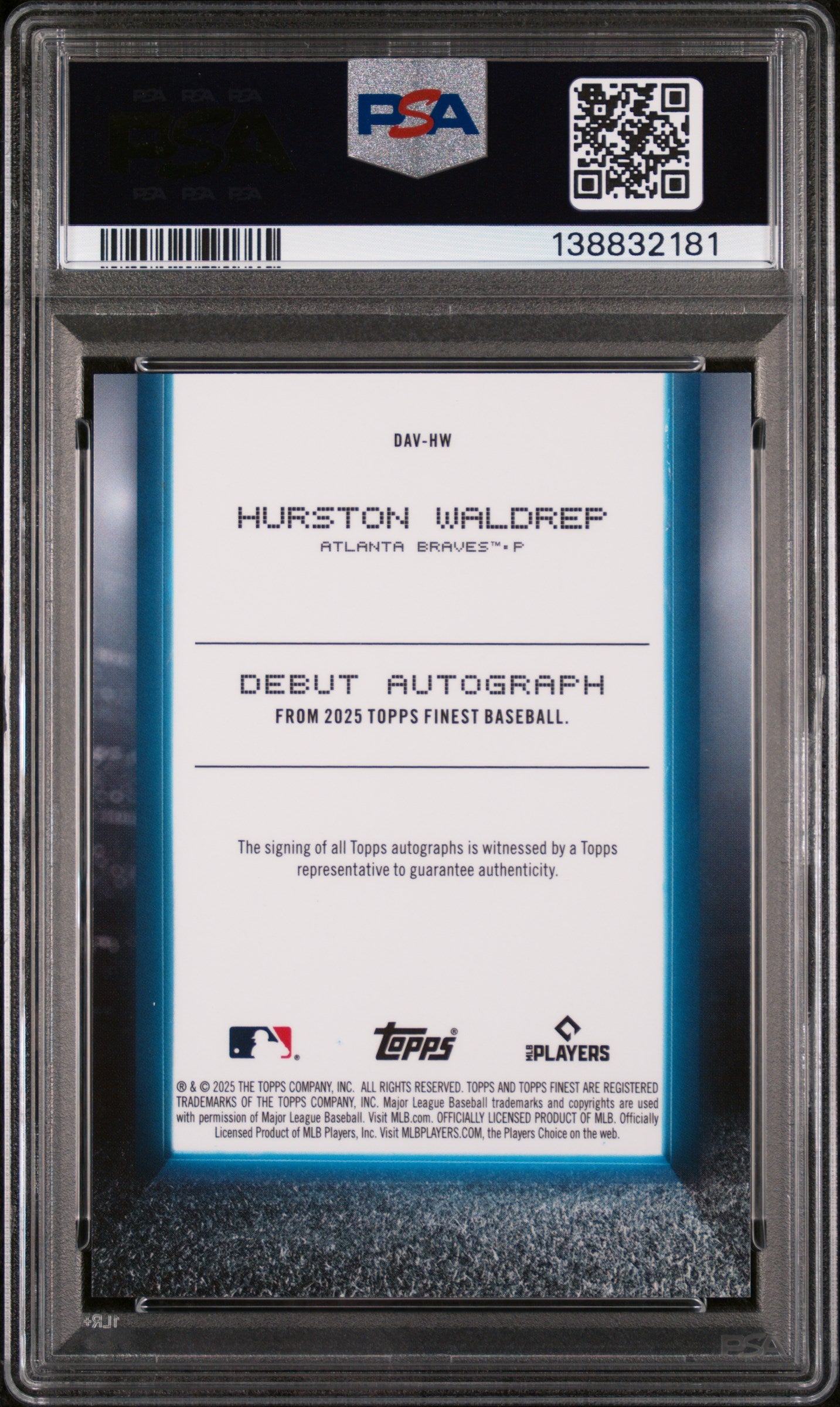 2025 Topps Finest Debut Autographs Green Refractor Hurston Waldrep #DAVHW /75 PSA 9