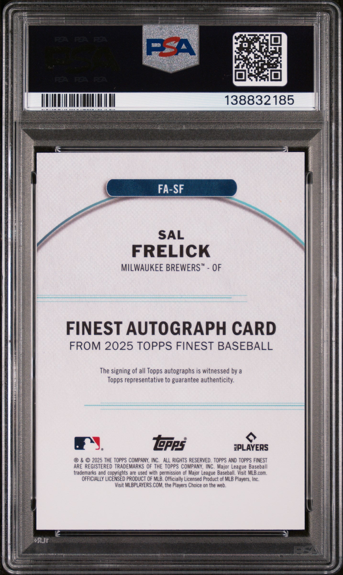 2025 Topps Finest Finest Autographs Blue Refractor Sal Frelick #SF /99 PSA 10