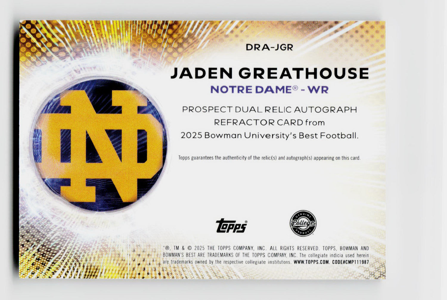 2025 Bowman U Best Jaden Greathouse Dual Patch Auto Player-Worn