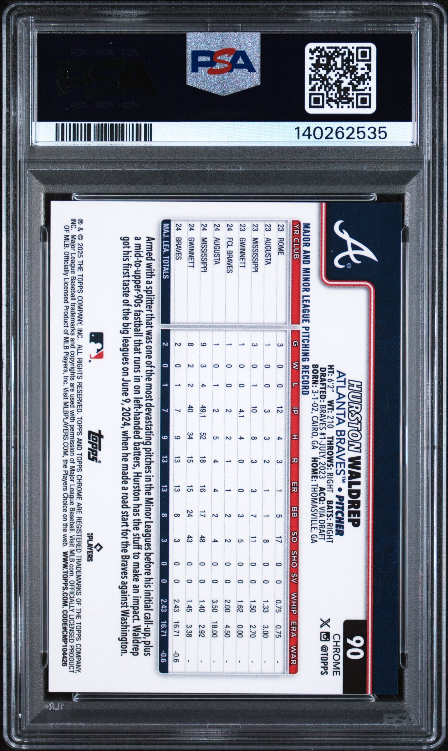 2025 Topps Chrome Gold Wave Refractor Hurston Waldrep #90 /150 PSA 10