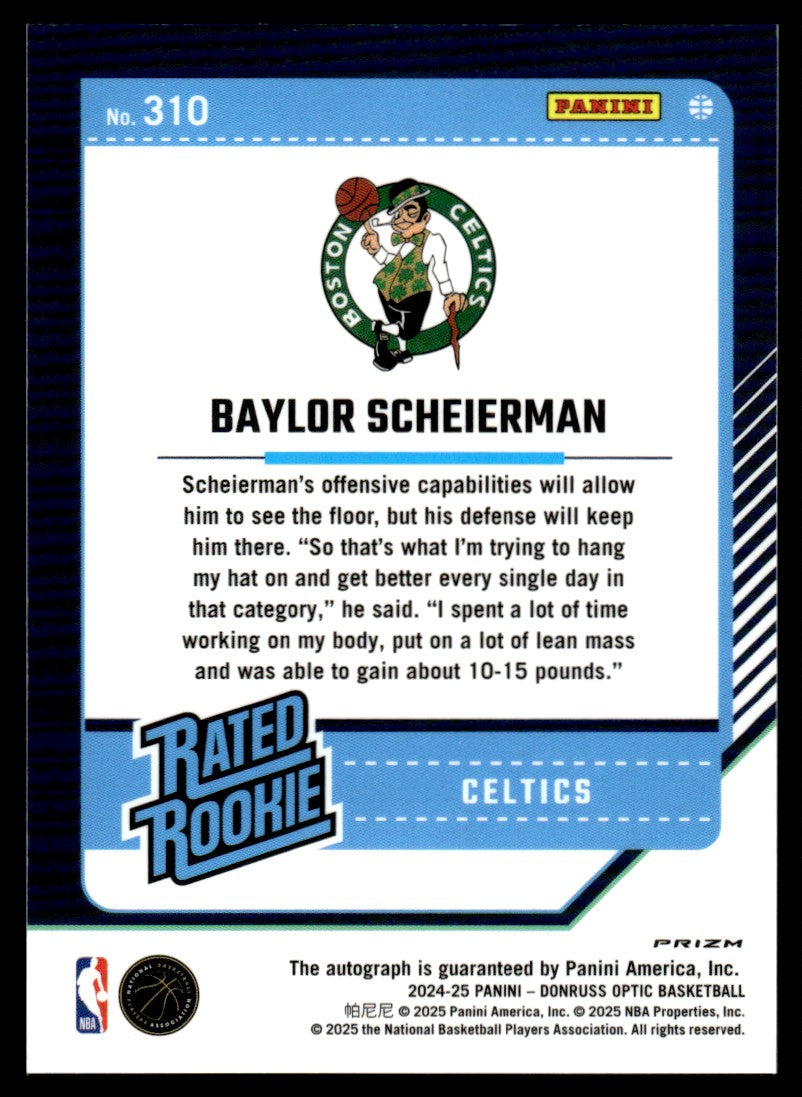 2024 Donruss Optic #310 Baylor Scheierman Rated Rookie Purple Auto