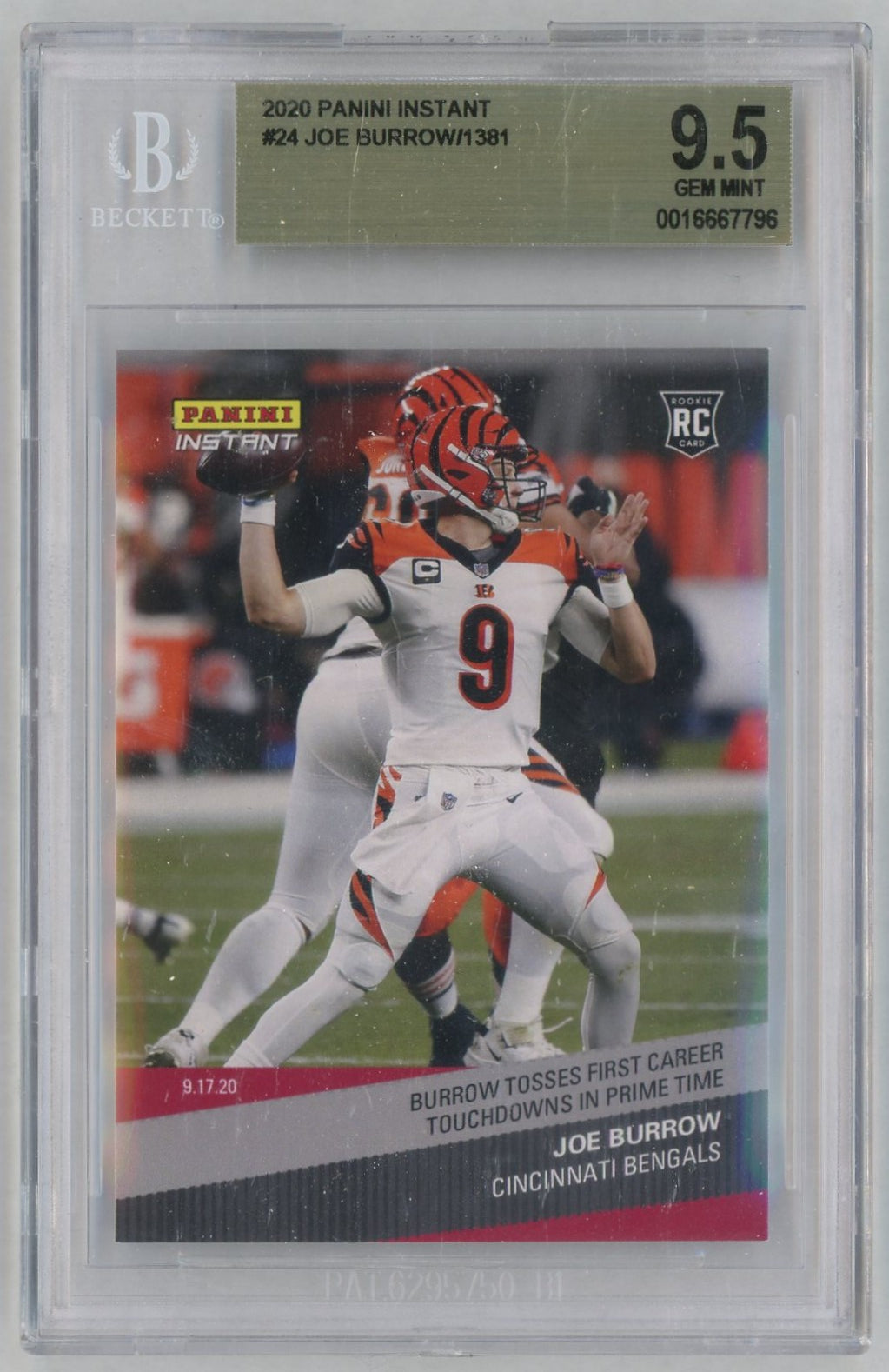 2020 Panini Instant #24 Joe Burrow Rookie RC Prime Time /1381 BGS 9.5