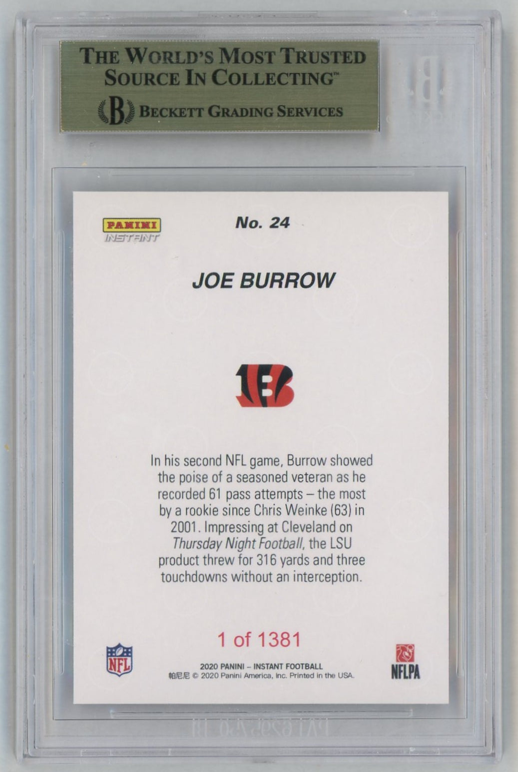 2020 Panini Instant #24 Joe Burrow Rookie RC Prime Time /1381 BGS 9.5
