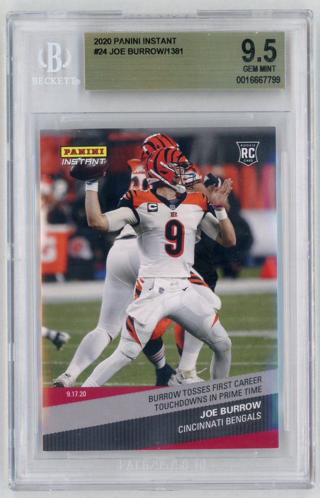 2020 Panini Instant #24 Joe Burrow Rookie RC Prime Time /1381 BGS 9.5
