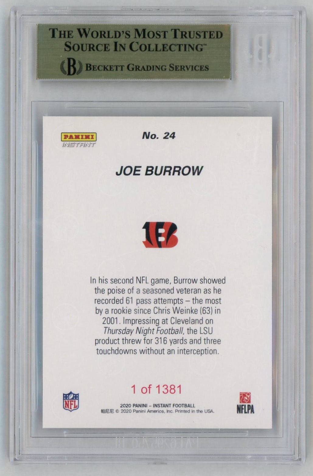 2020 Panini Instant #24 Joe Burrow Rookie RC Prime Time /1381 BGS 9.5