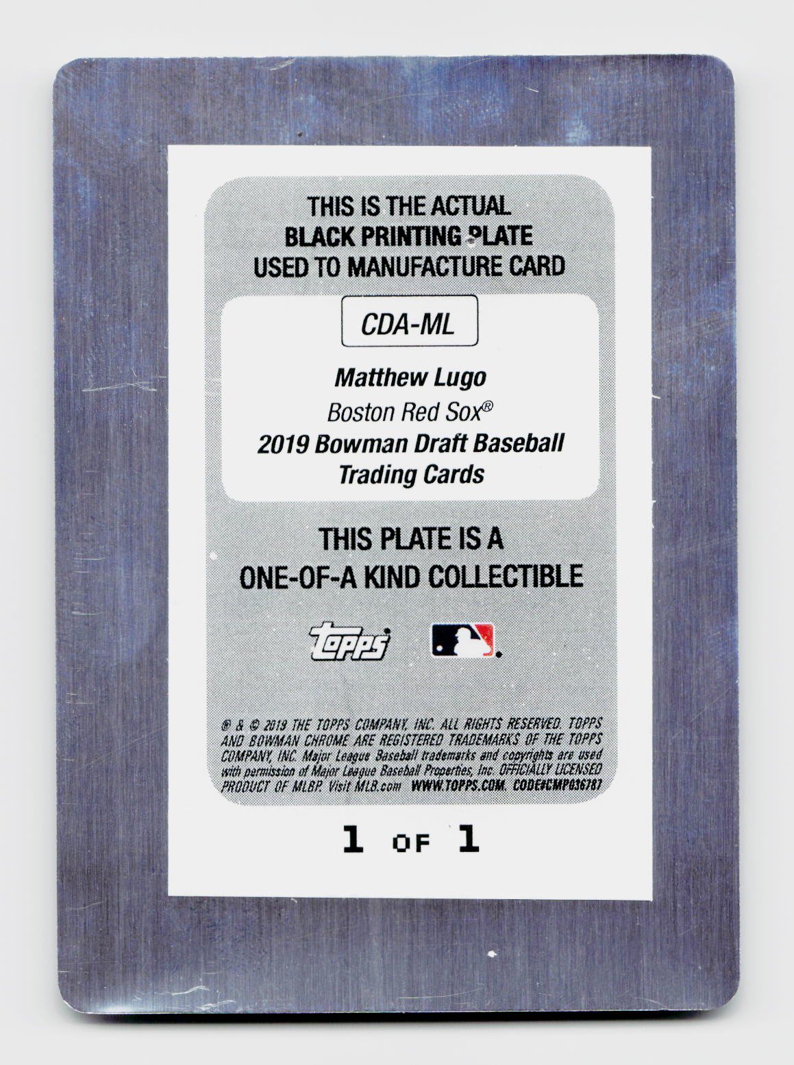 2019 Bowman Chrome Matthew Lugo 1/1 1st Black Auto Printing Plate