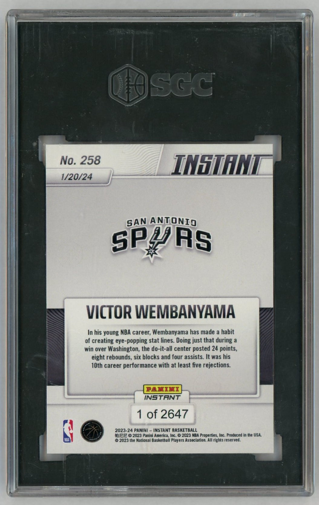 2023-24 Panini Instant #258 Victor Wembanyama Rookie RC Whammy on Wizards SGC 9.5