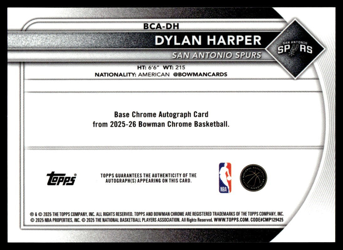 2025-26 Bowman - Chrome Autographs Dylan Harper #BCA-DH (AU, RC) /99