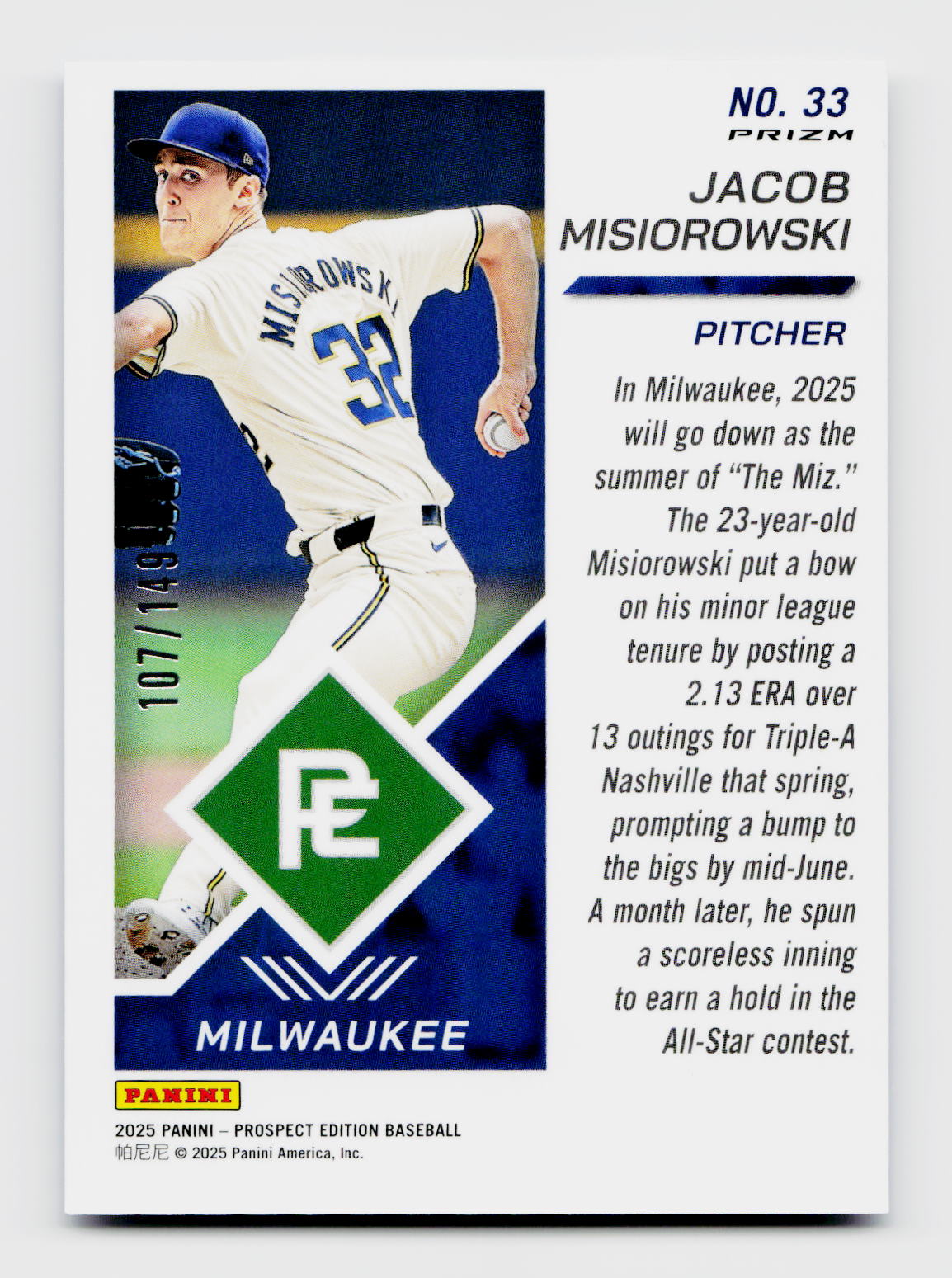 2025 Prizm Prospect Edition #33 Jacob Misiorowski Blue Rookie RC 107/149