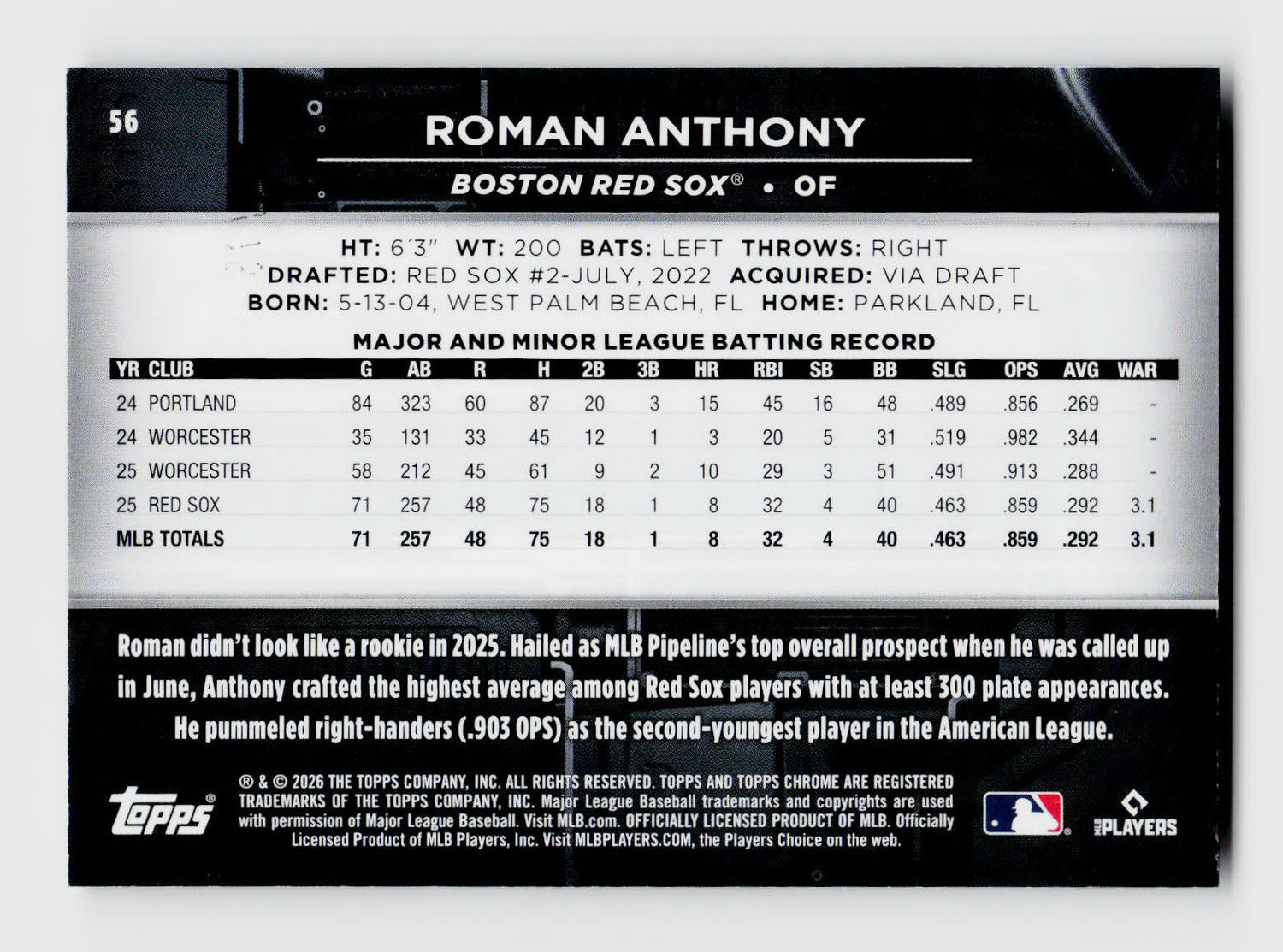 2026 Topps Chrome Black #56 Roman Anthony Rookie RC Purple /75