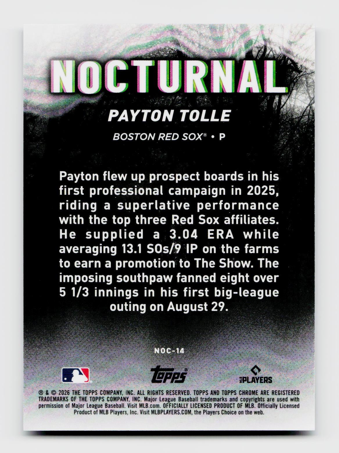 2026 Topps Chrome Black #NOC-14 Payton Tolle Rookie RC Nocturnal SSP