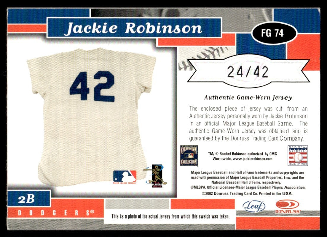2002 Leaf Fabrics of the Game #74 Jackie Robinson Game-Used Dual Patch /42