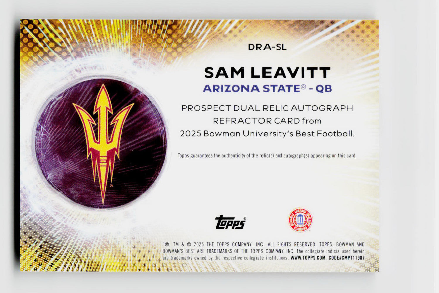 2025 Bowman U Best Sam Leavitt Player-Worn Patch Auto