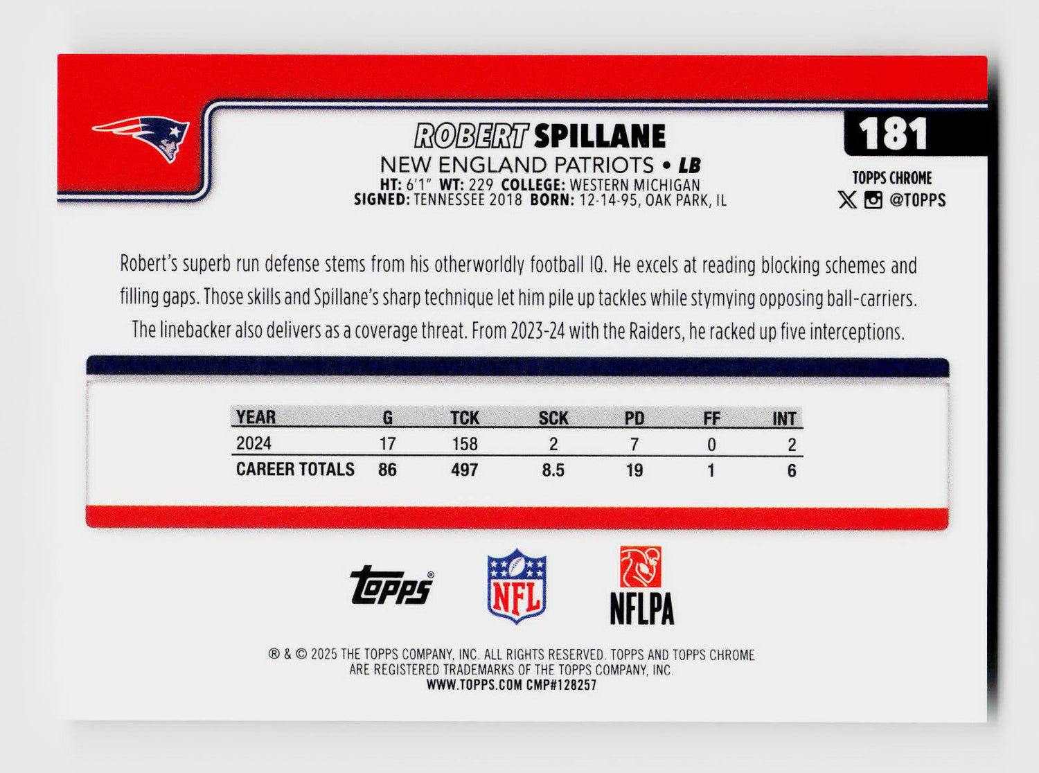 2025 Topps Chrome #181 Robert Spillane White SSP /30