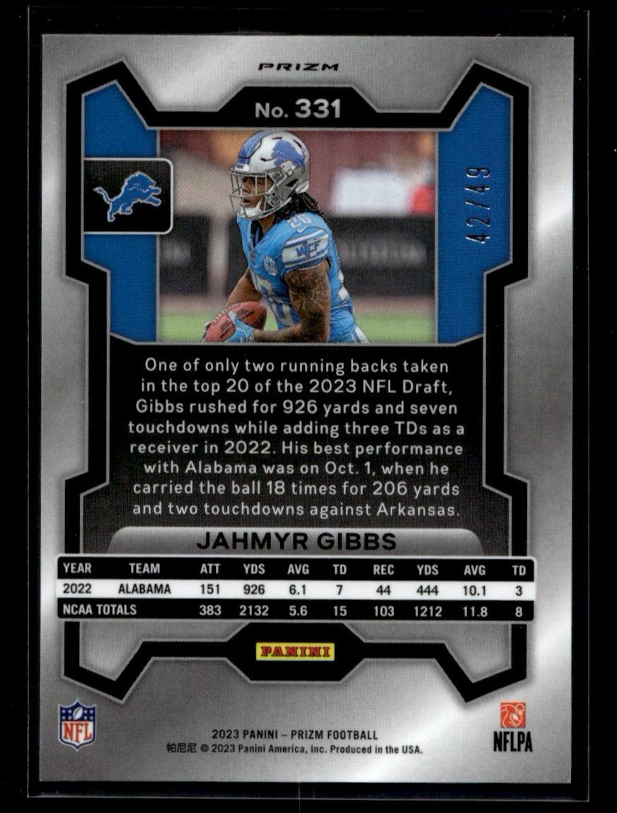 2023 Panini Prizm Purple Checkerboard Jahmyr Gibbs #331 RC /49