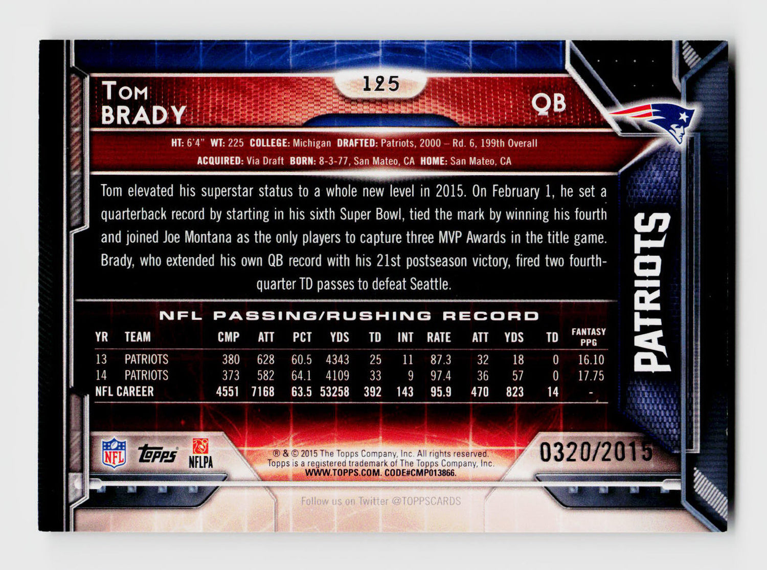 2015 Topps #125 Tom Brady Gold Parallel /2015