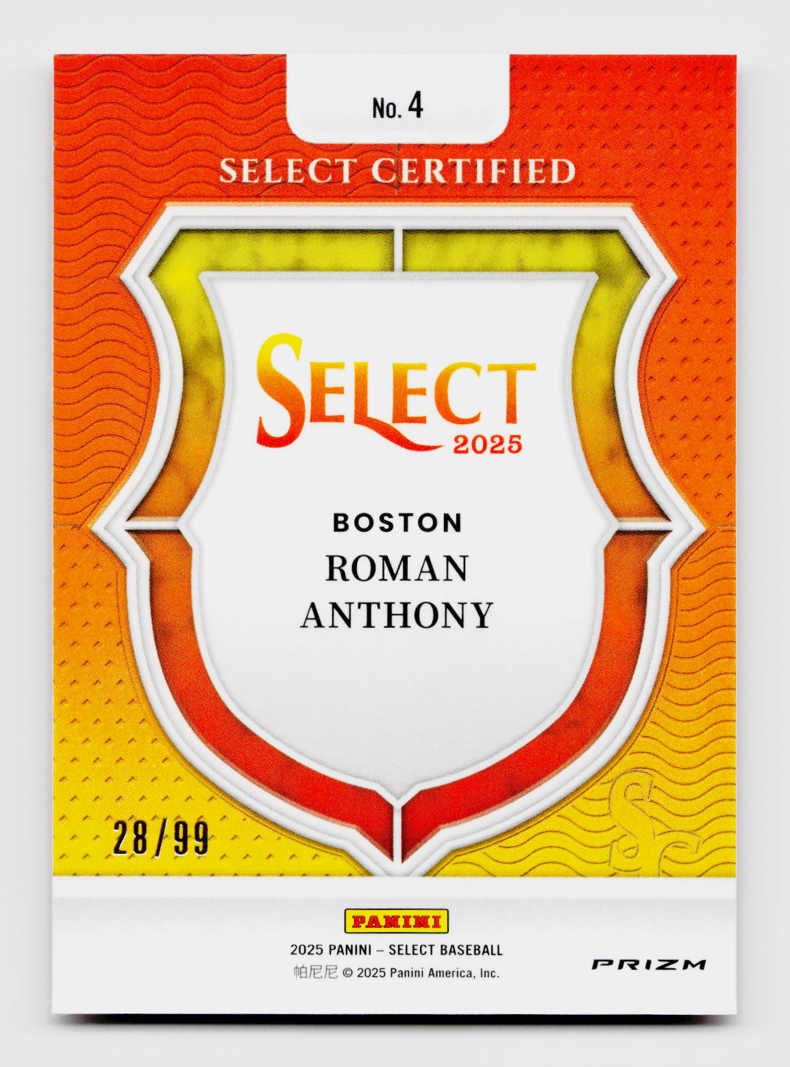 2025 Select #4 Roman Anthony Certified Rookie Red Color Match /99